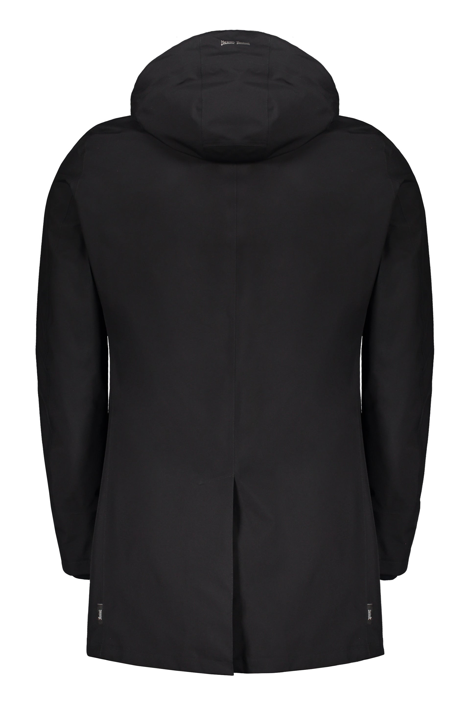 Hooded techno fabric raincoat
