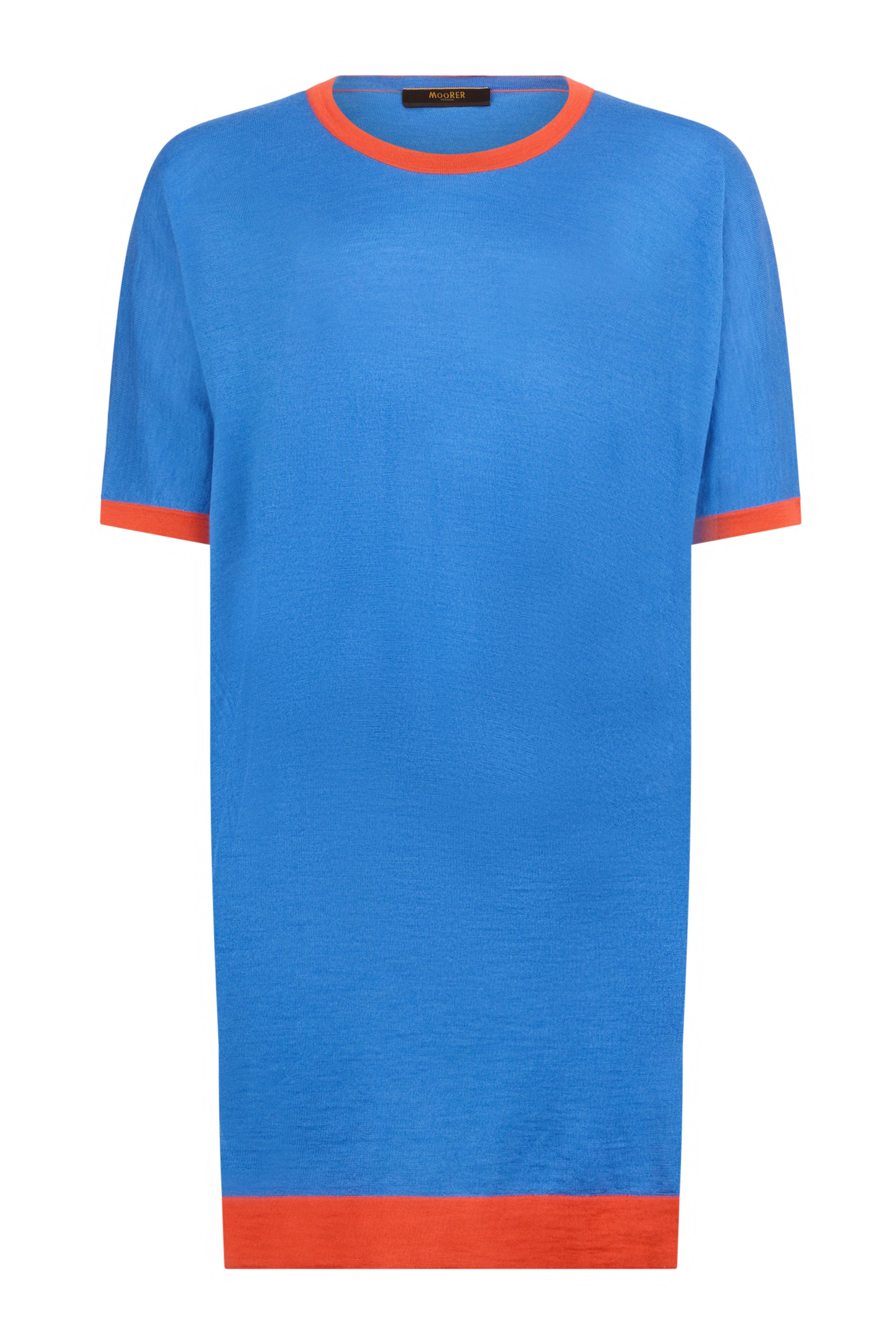 Blue t-shirt style dress with bright orange details.