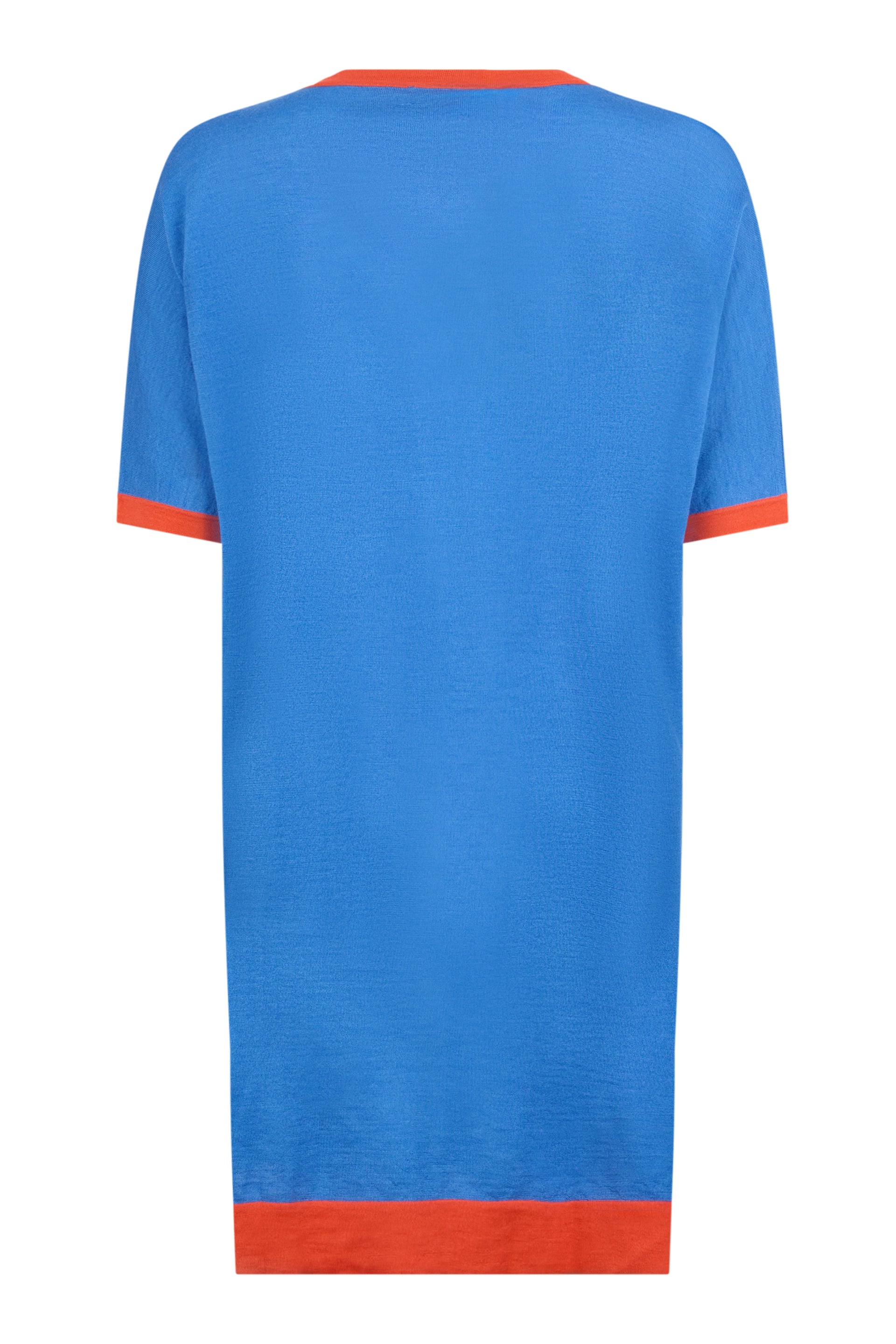 Blue t-shirt style dress with bright orange details.