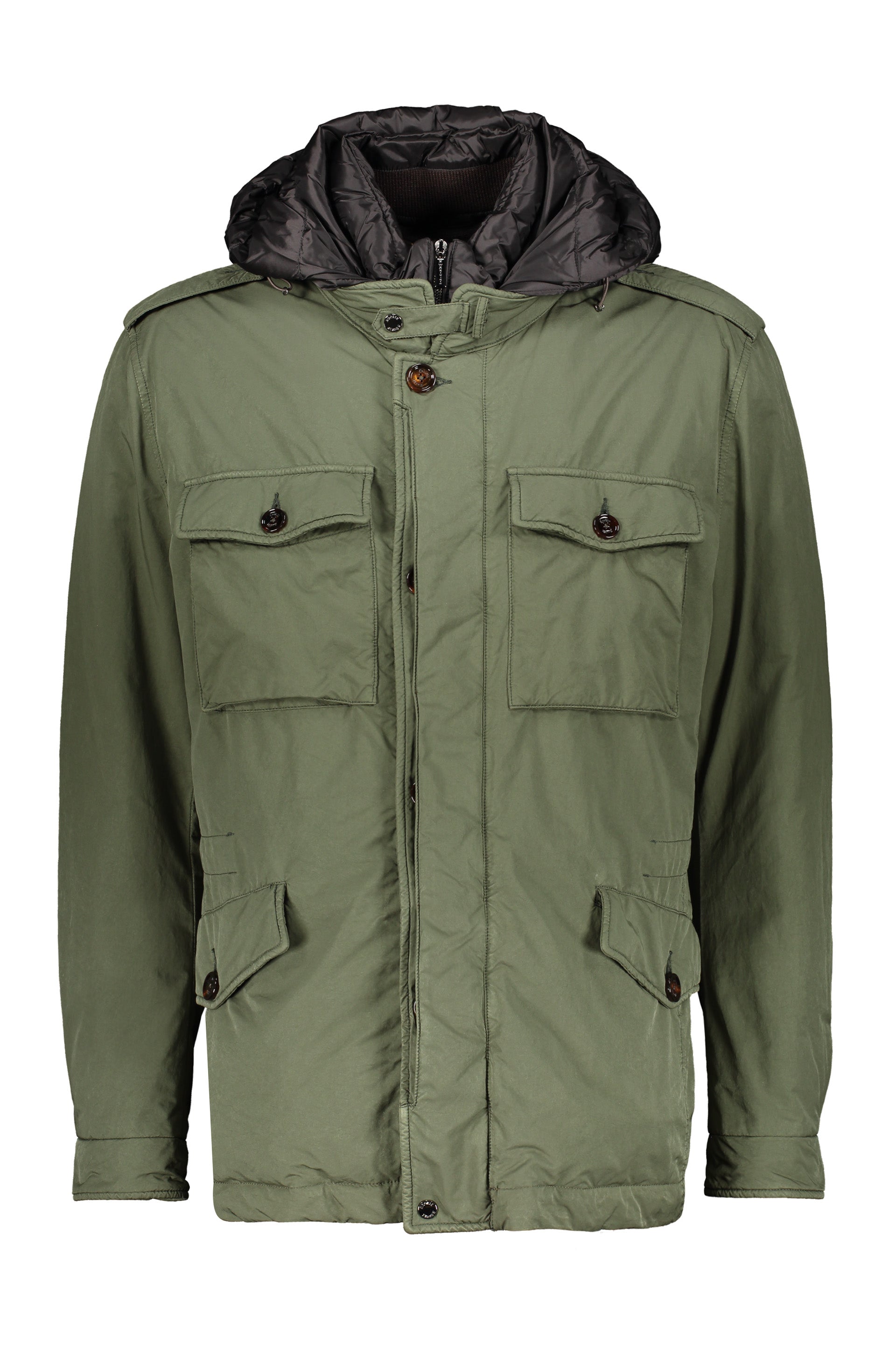 Olive green down jacket with hood and pockets