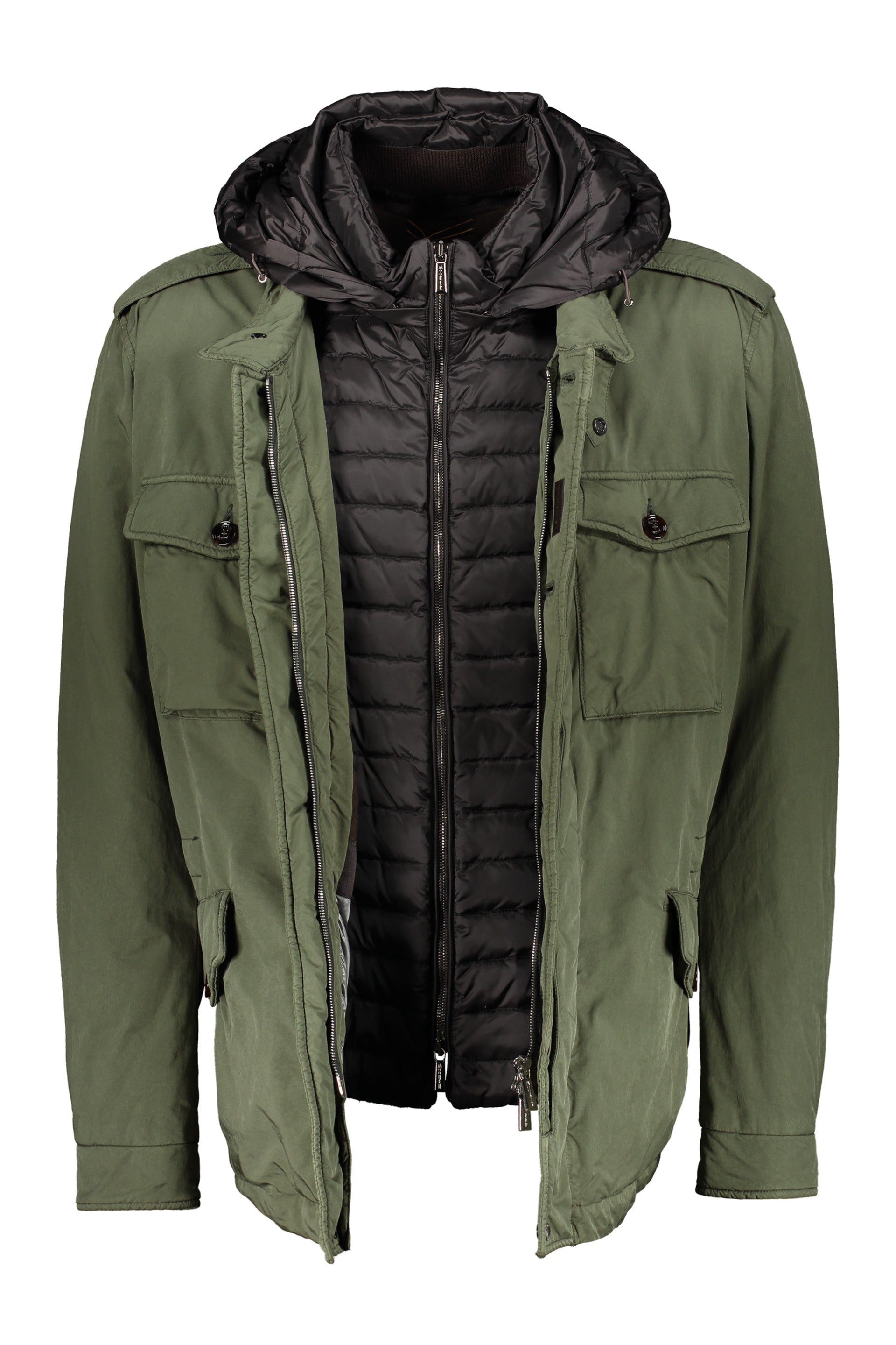 Olive green down jacket with hood and pockets