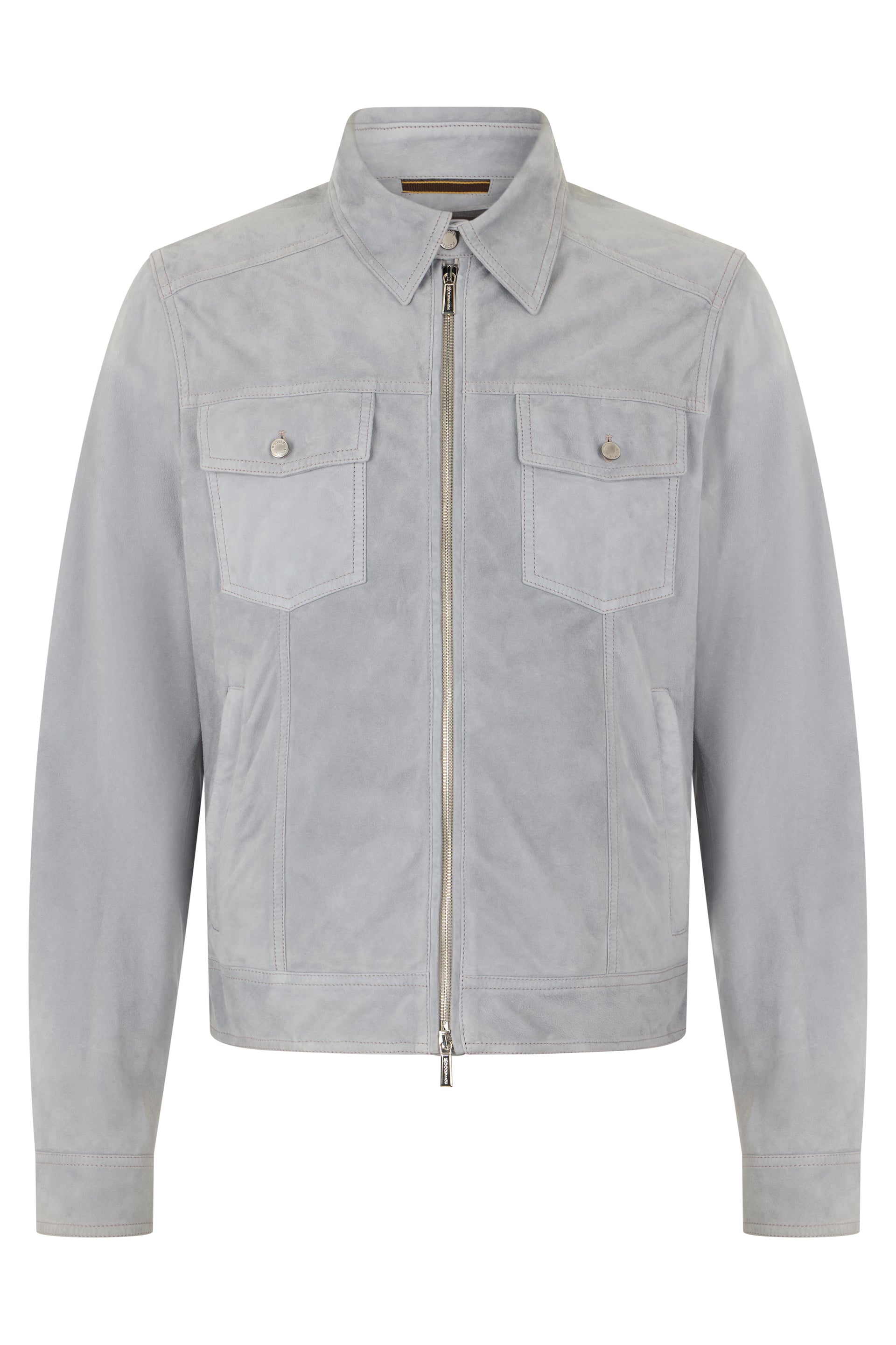 Modern gray lamb suede jacket with zip and elegant collar