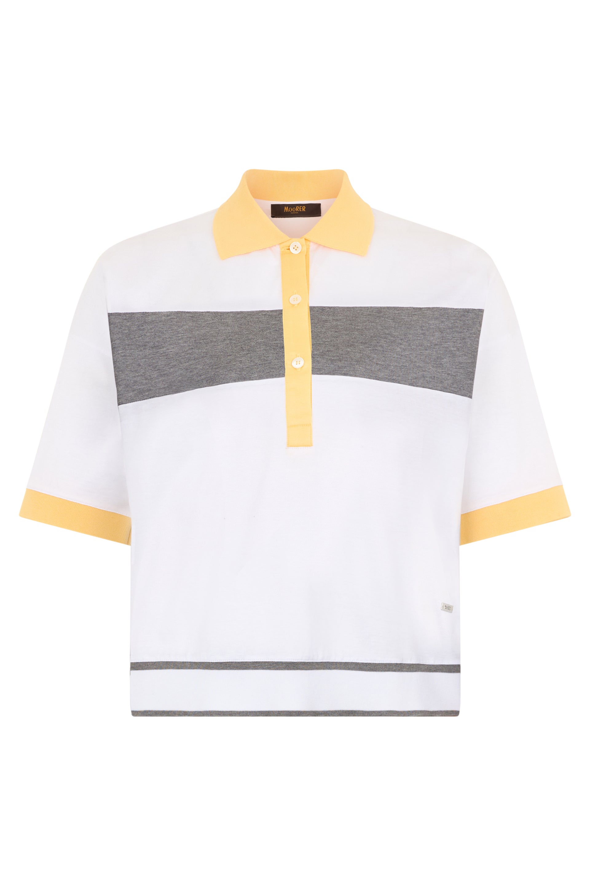 Modern white polo with a crop cut and short sleeves.