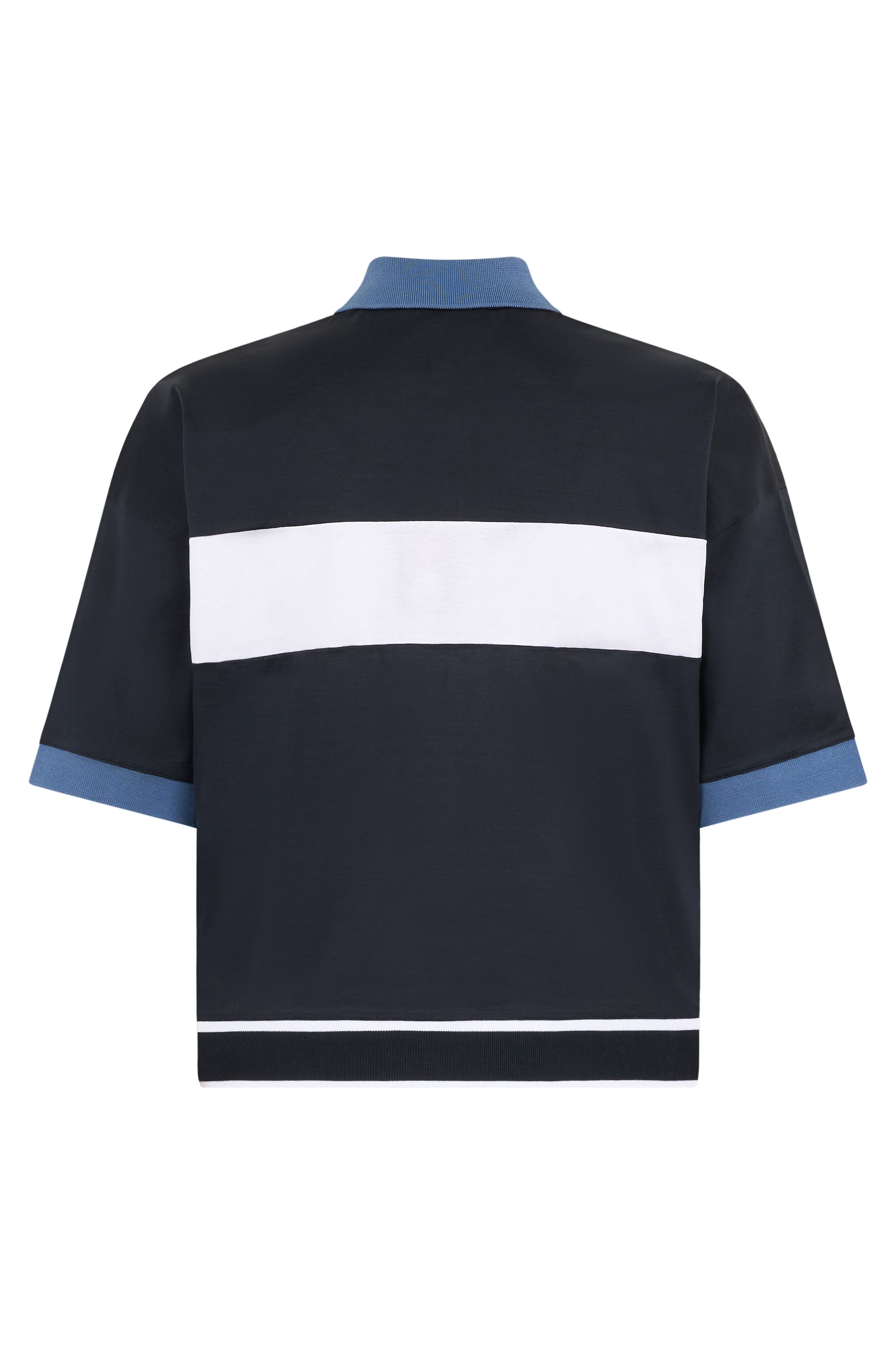 Dark blue polo with white and blue details.