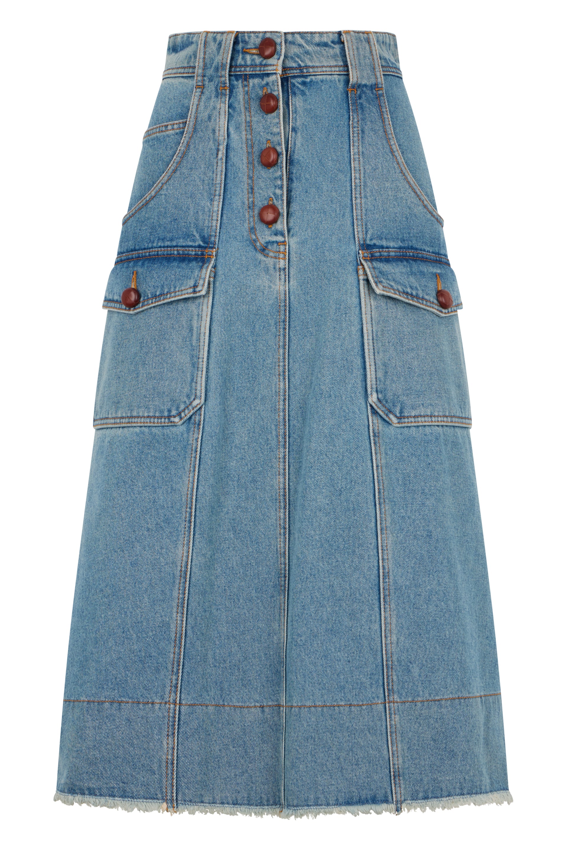 Long light blue denim skirt ideal for a casual look.
