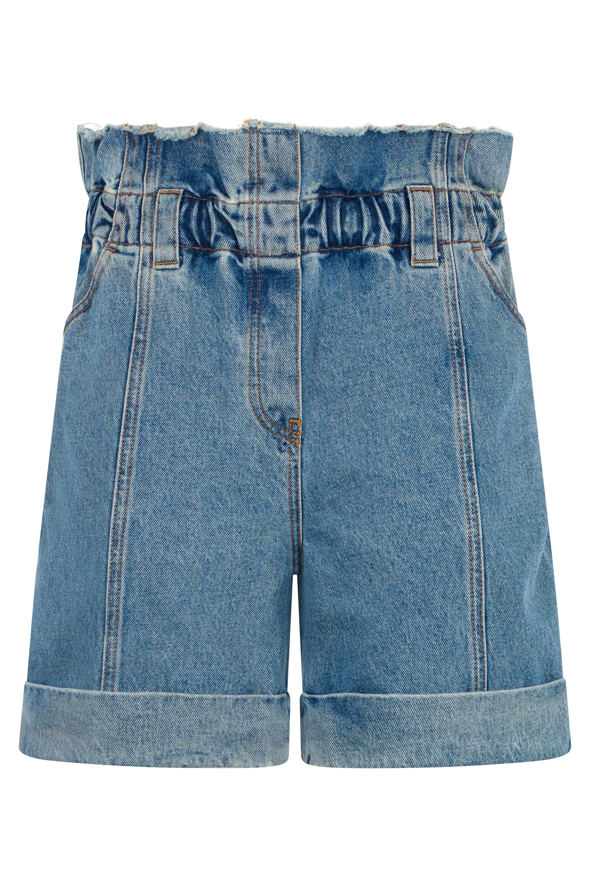Summer denim shorts with high elastic waist.