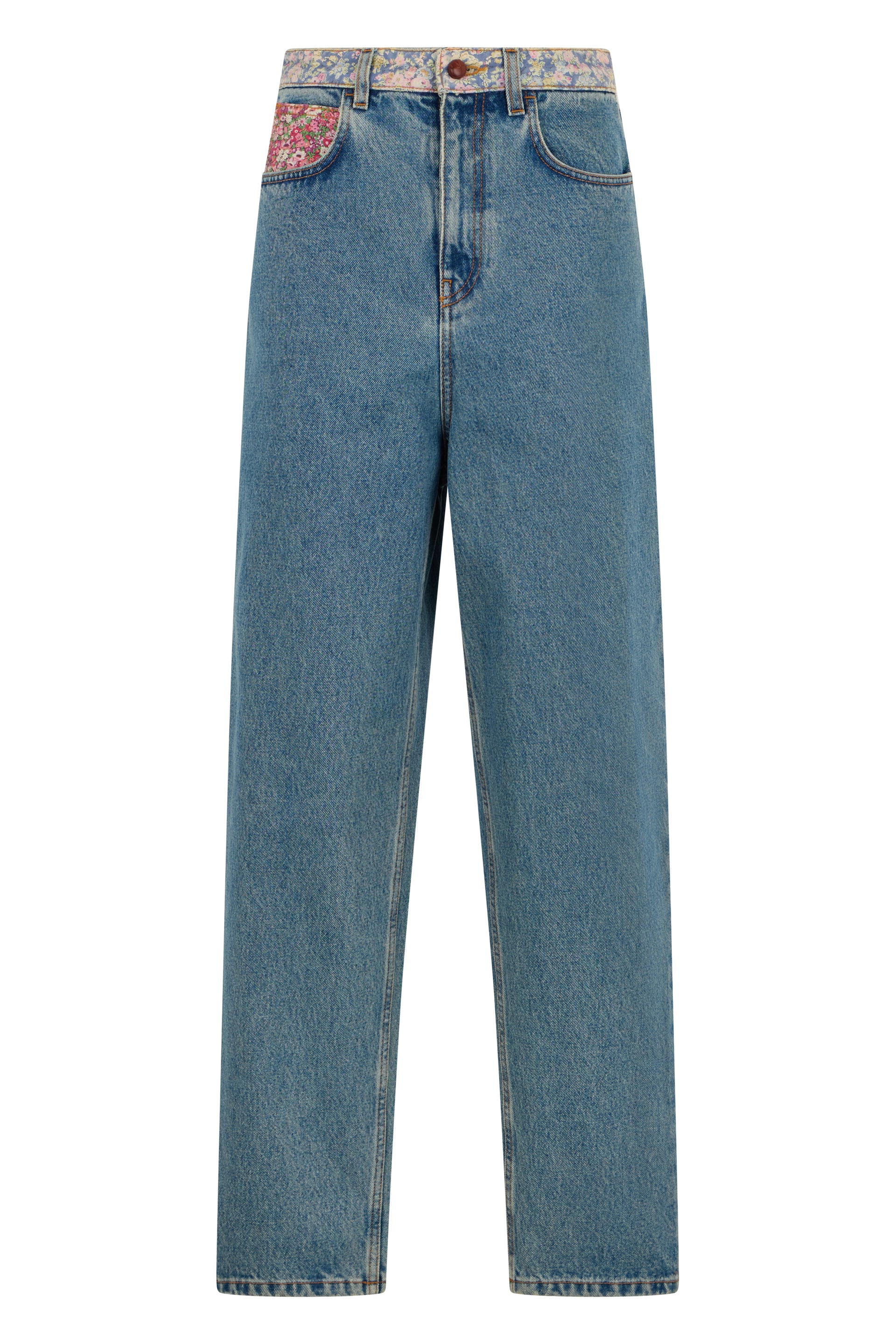 Blue straight high-waisted jeans with a casual and versatile design.