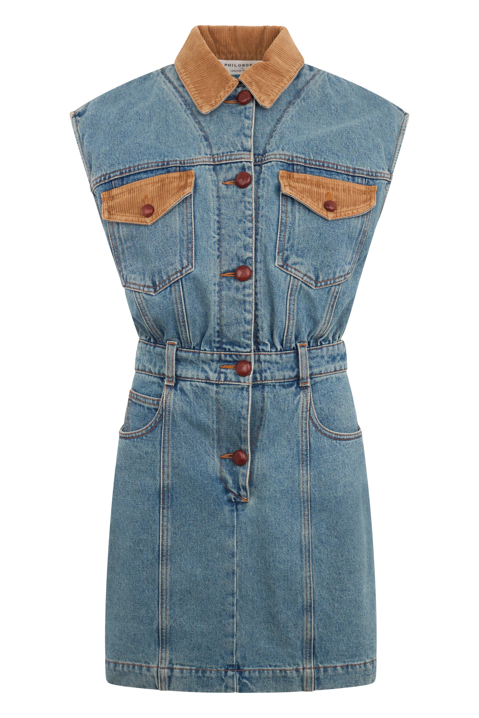 Blue denim dress without sleeves with a classic contrasting collar.