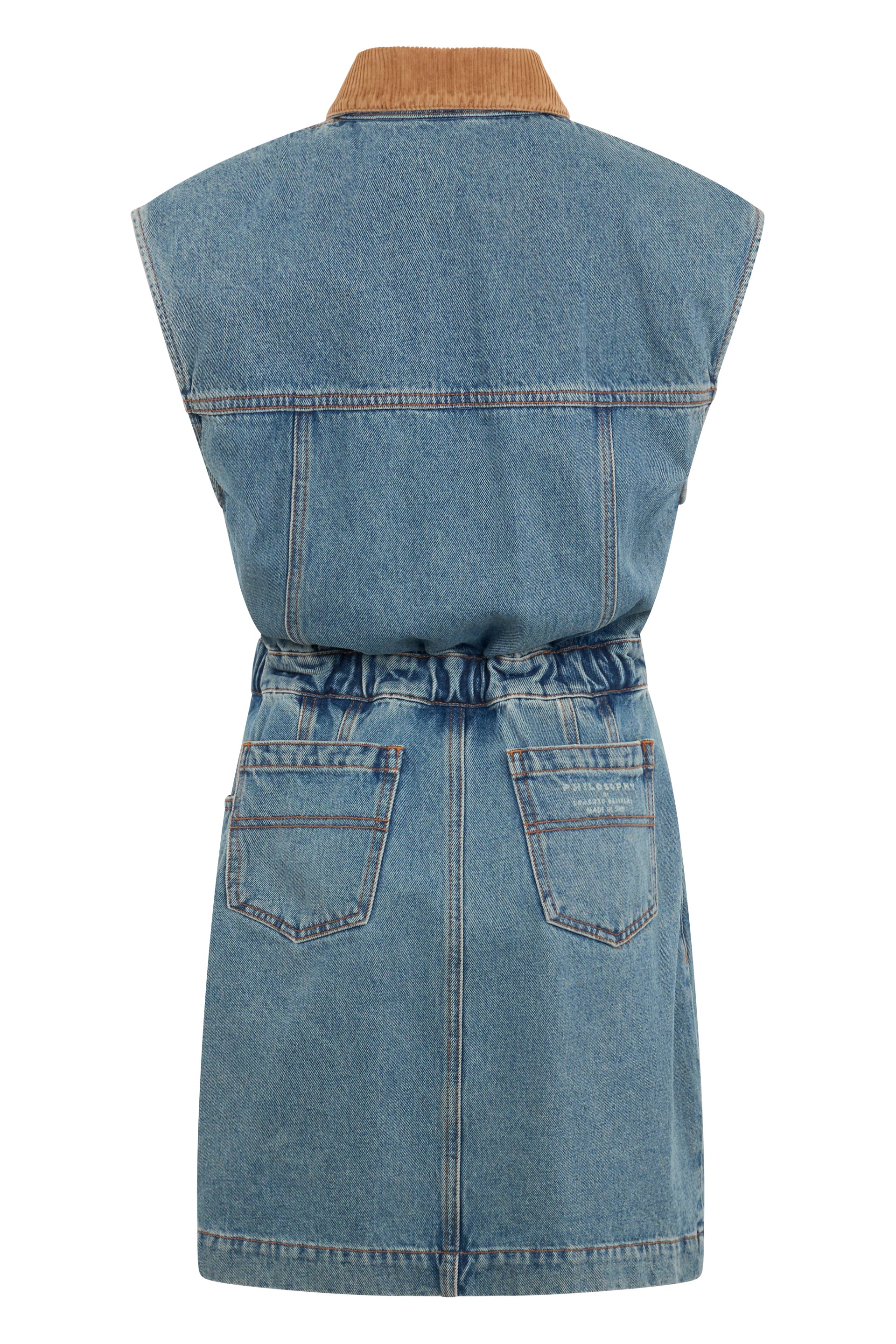 Blue denim dress without sleeves with a classic contrasting collar.