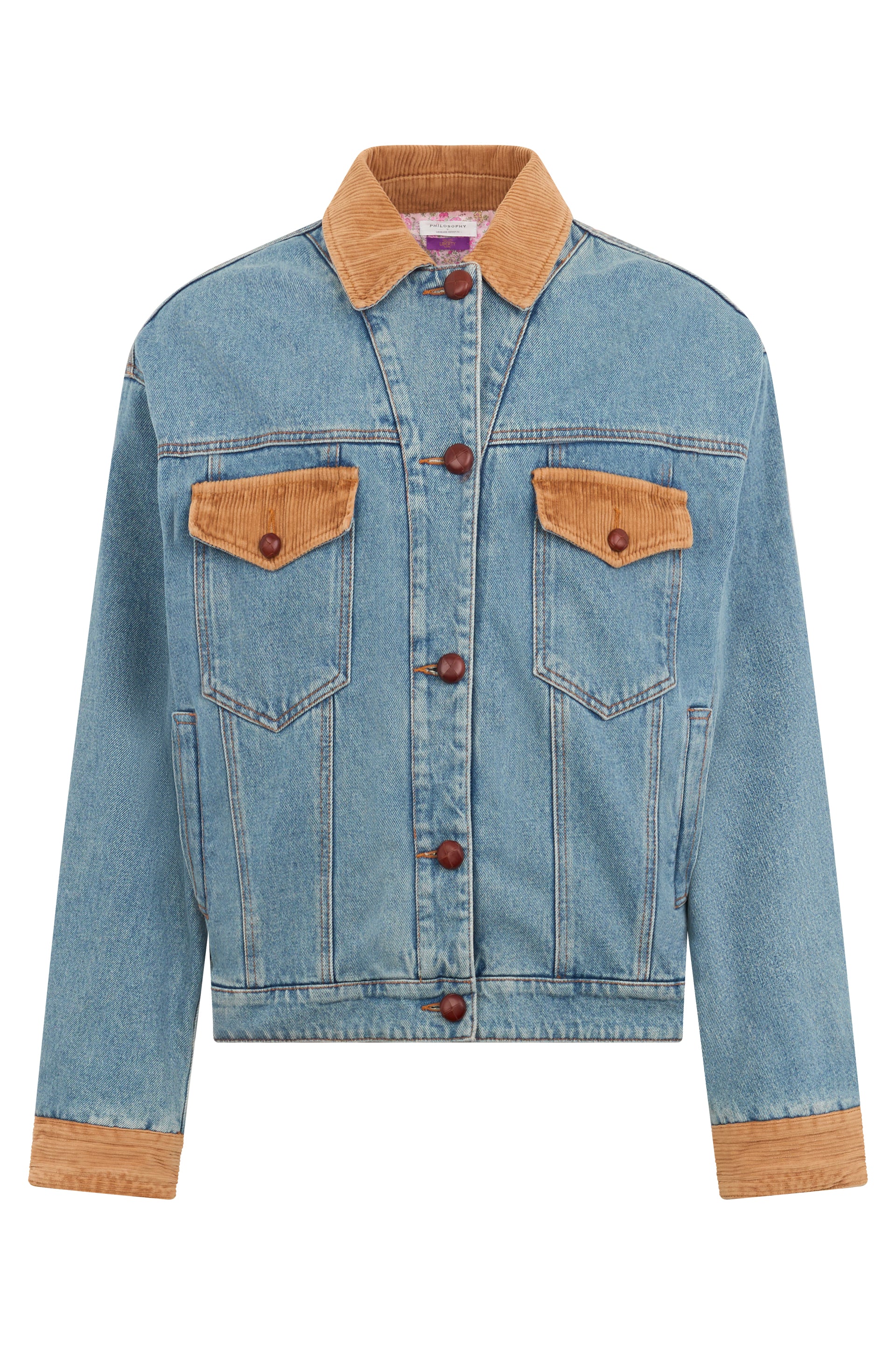 Casual denim jacket with contrasting front pockets.