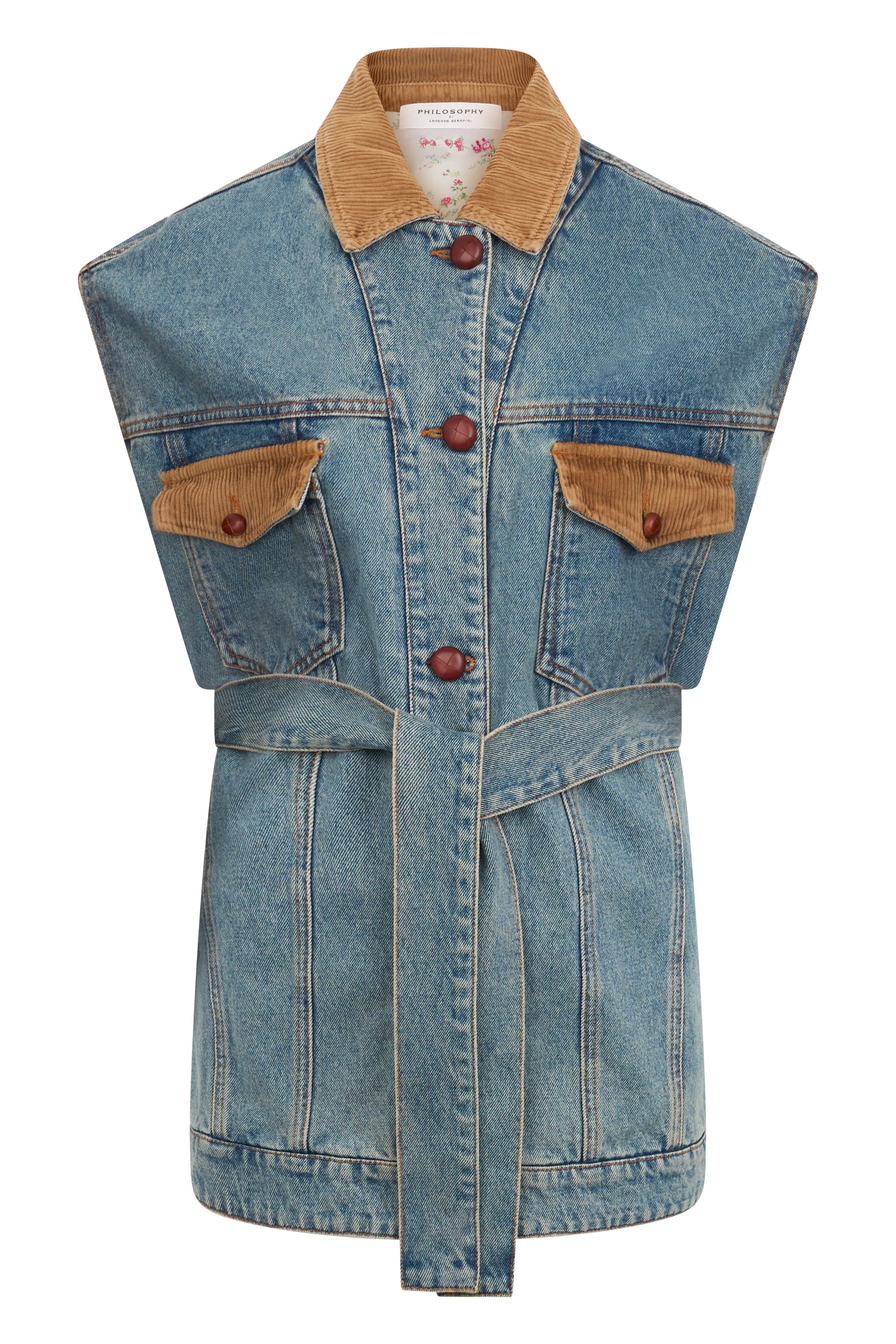 Denim jacket without sleeves with practical pockets.