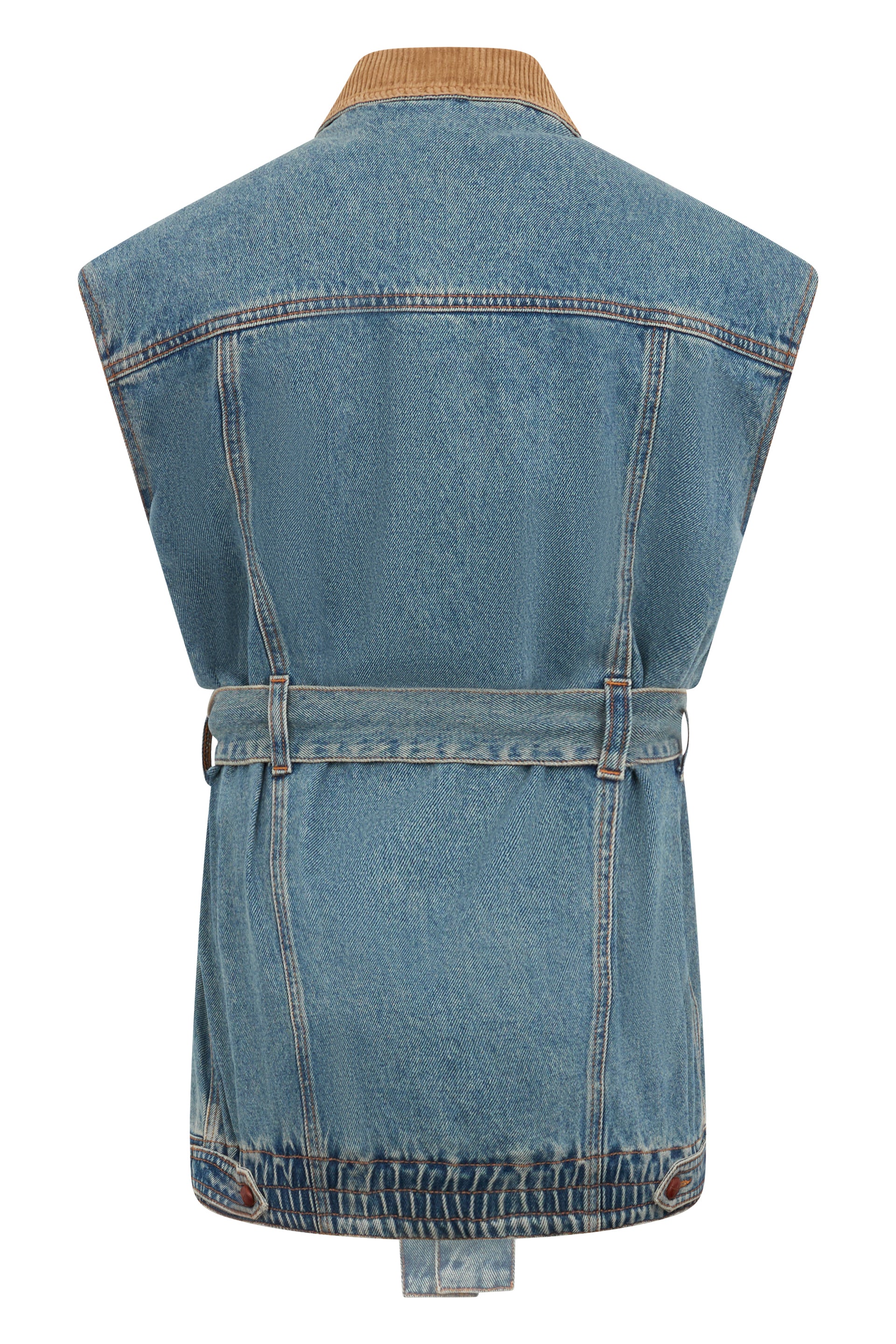 Denim jacket without sleeves with practical pockets.