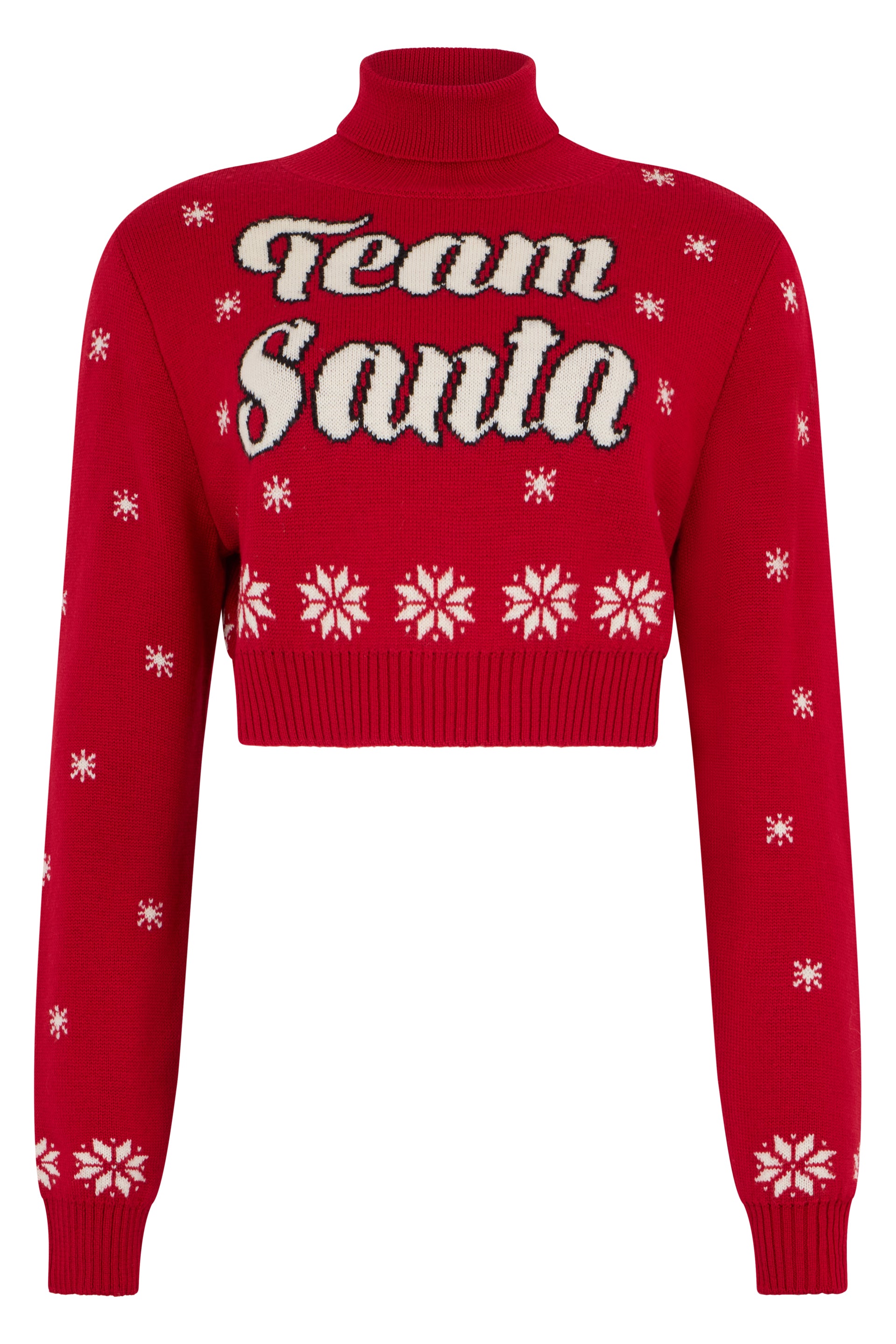 Red crop sweater with a Christmas theme.