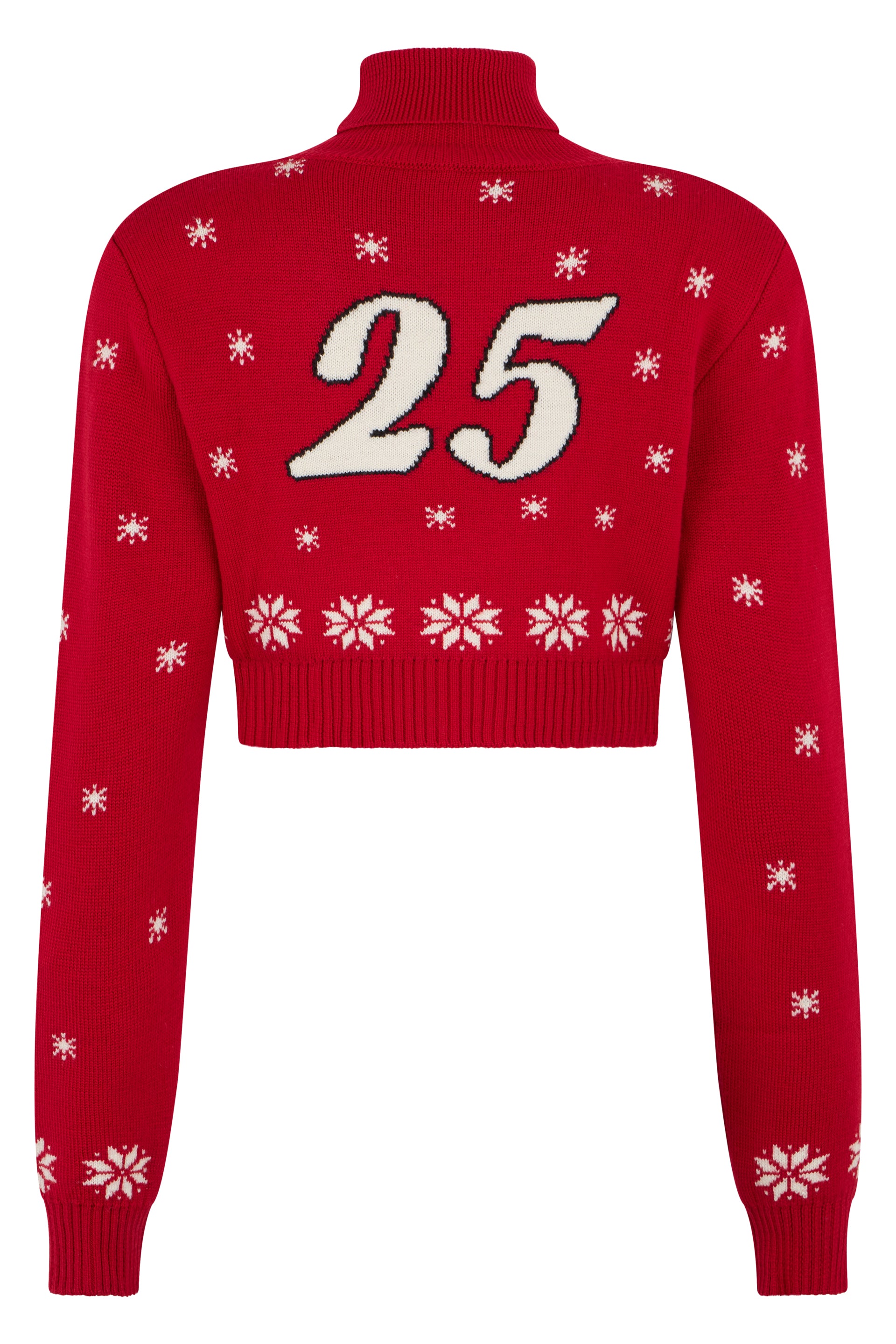 Red crop sweater with a Christmas theme.