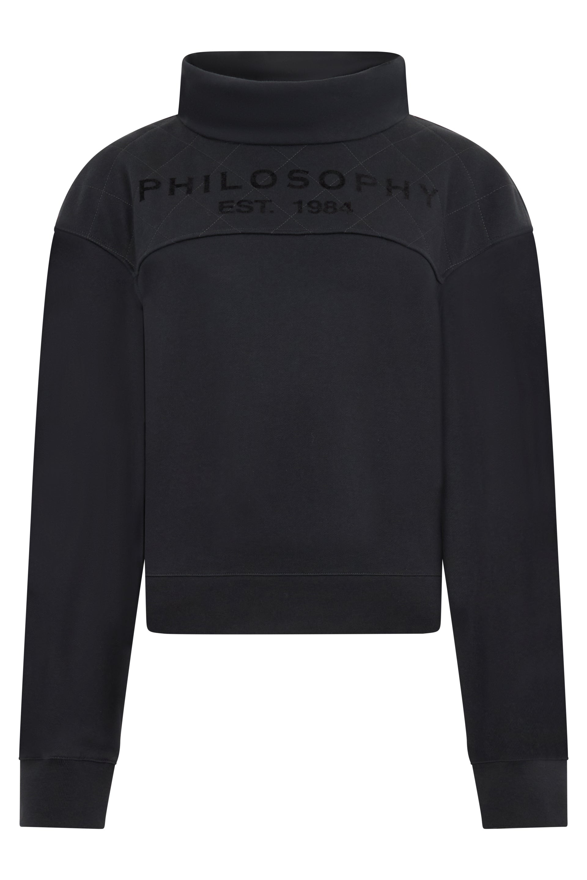 Short high-neck sweatshirt in black color with logo print.
