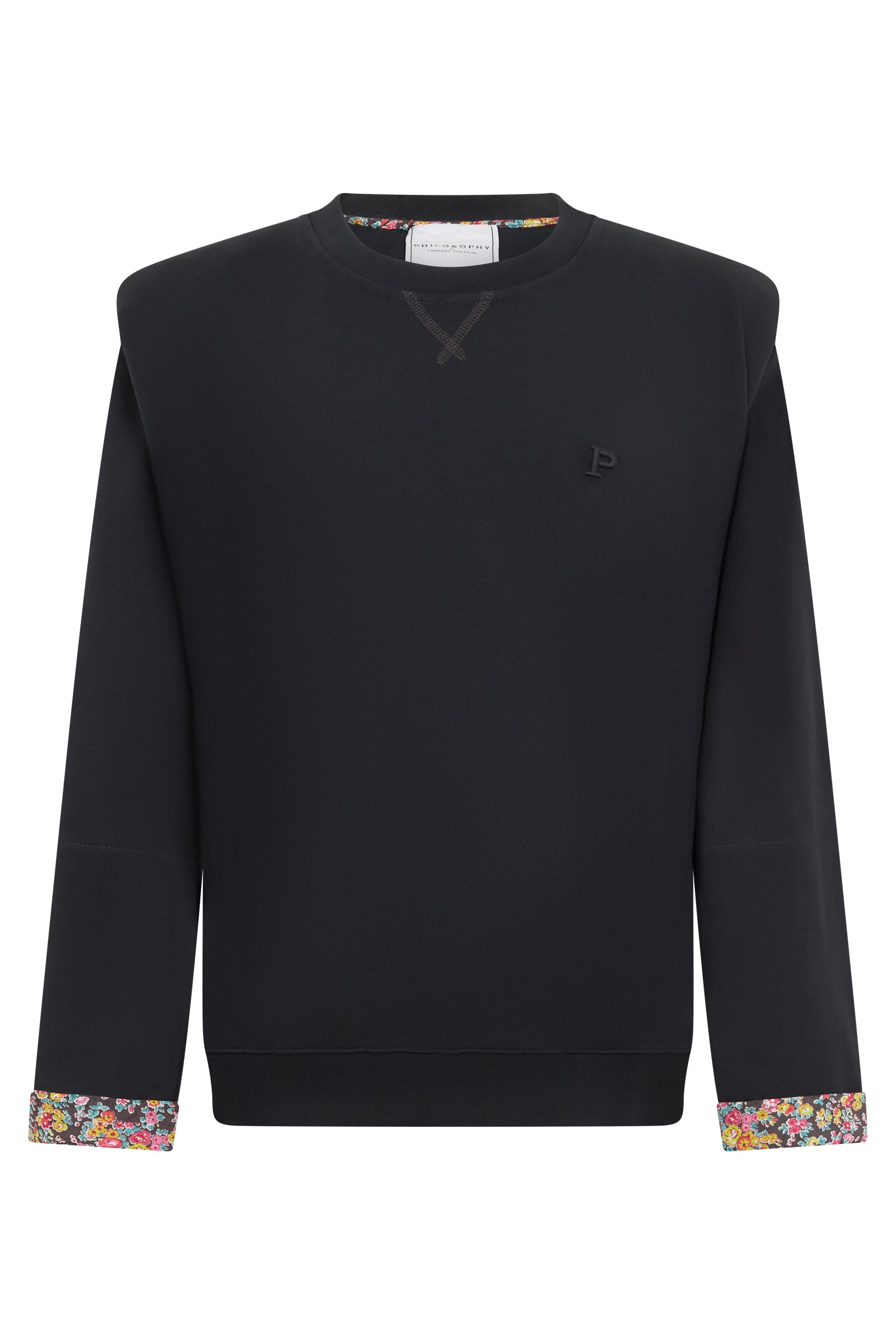 Versatile black crewneck sweatshirt with contrasting floral details.