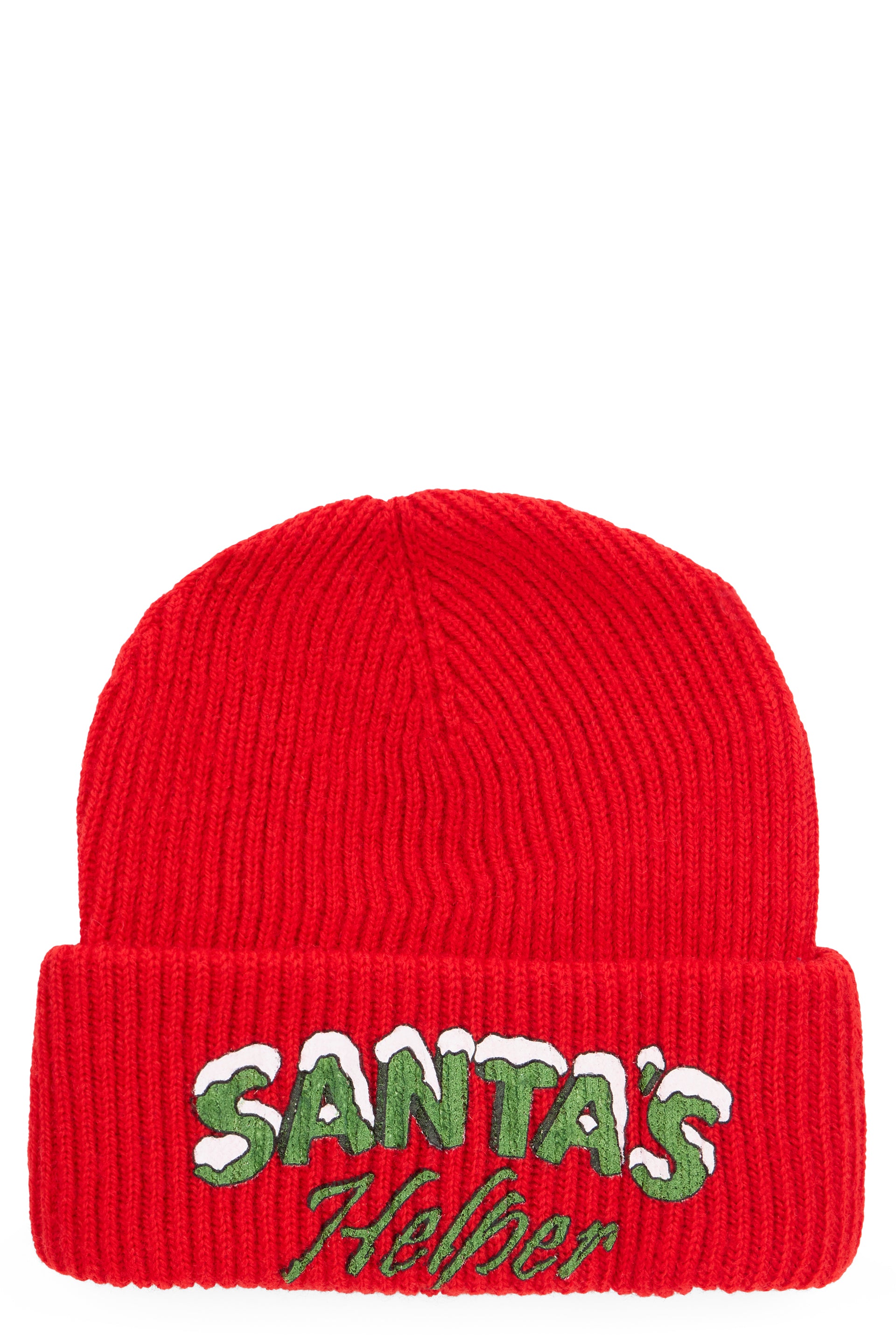 Red winter hat with colorful holiday writing.