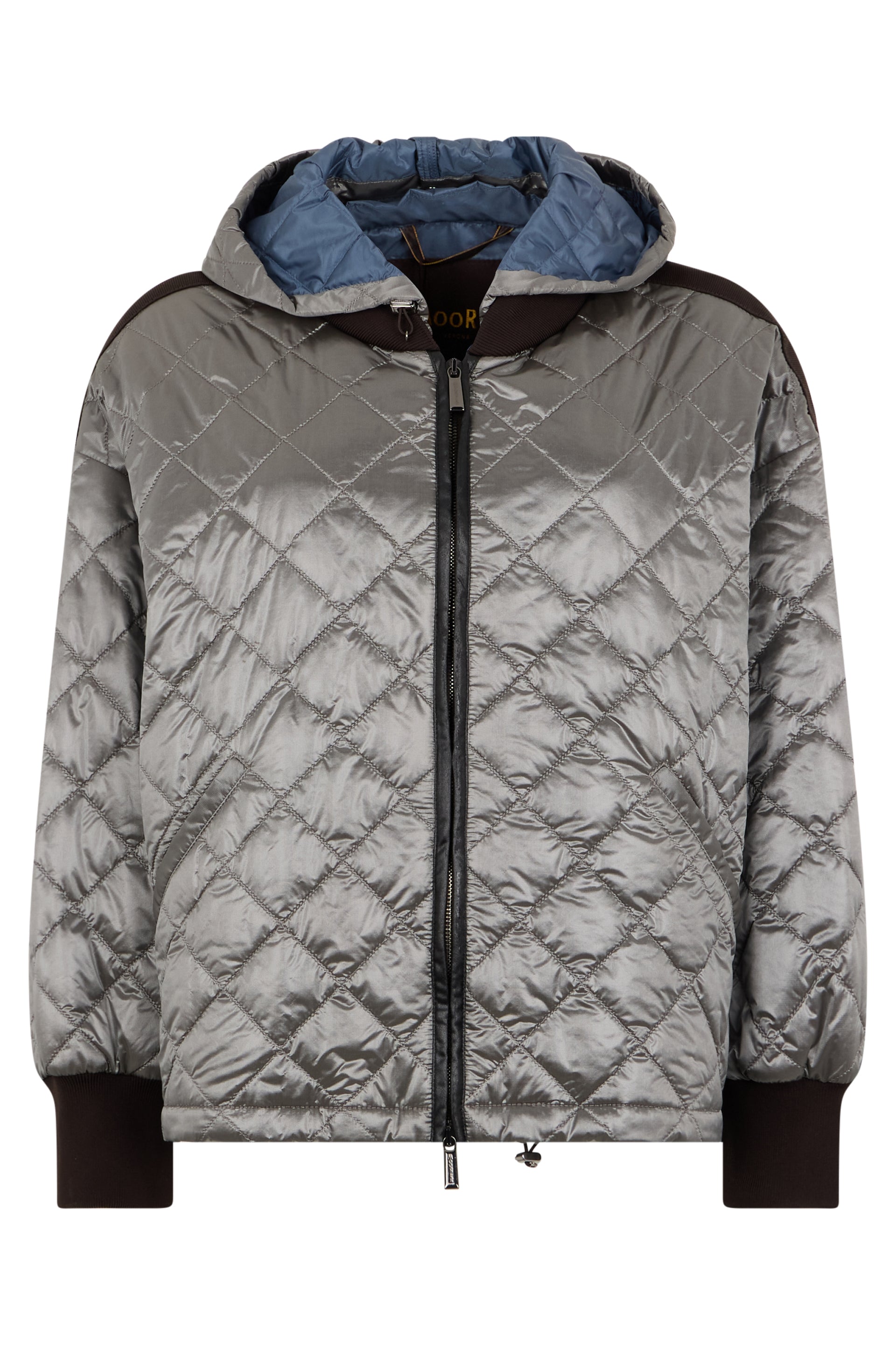 Elegant silver down jacket with hood and diamond pattern.