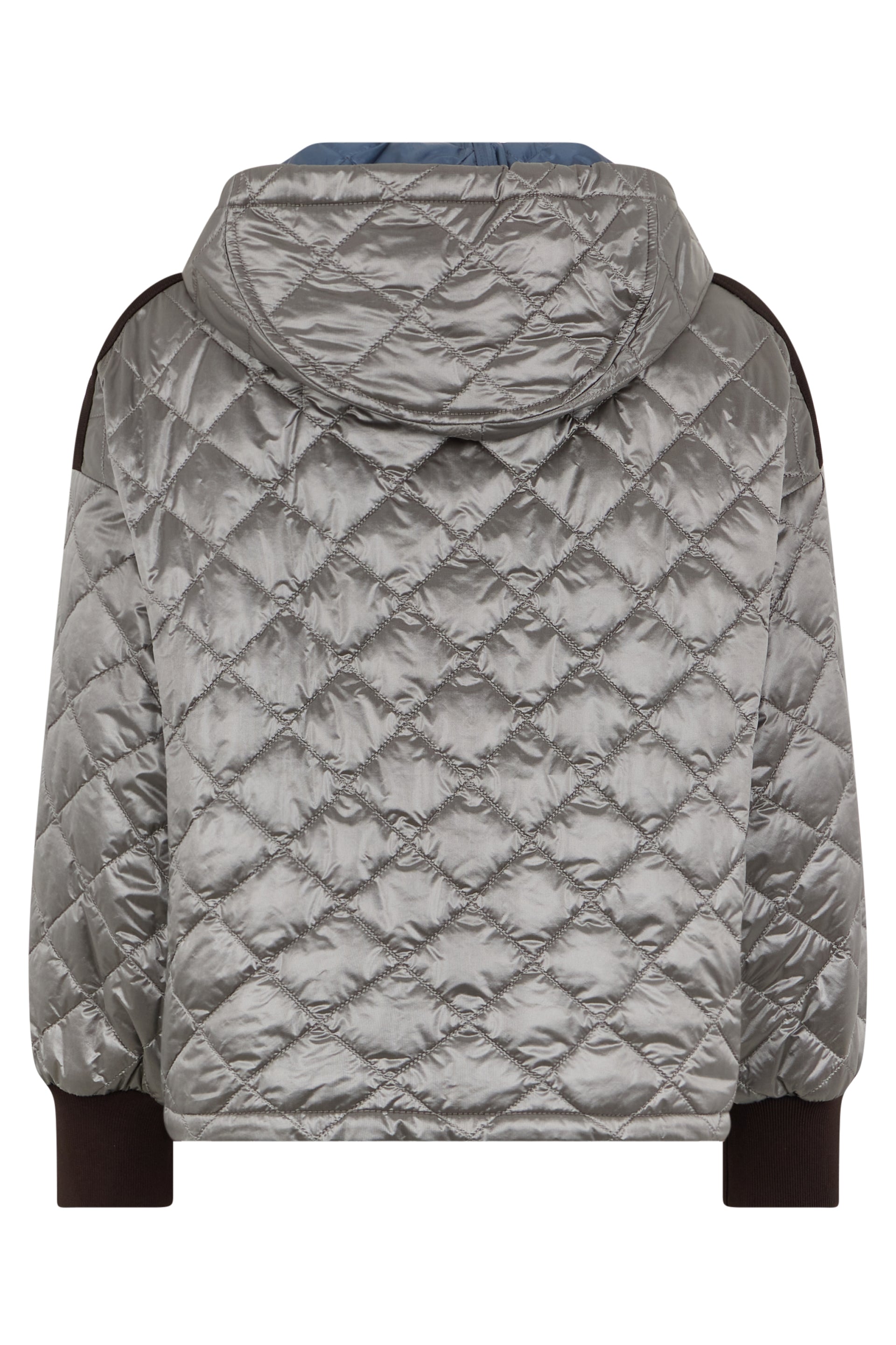 Elegant silver down jacket with hood and diamond pattern.