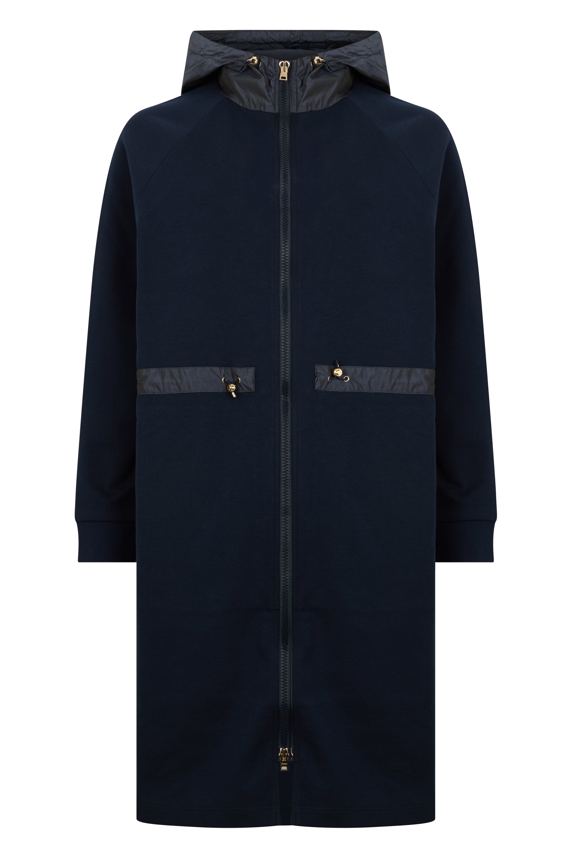Long dark blue coat with hood