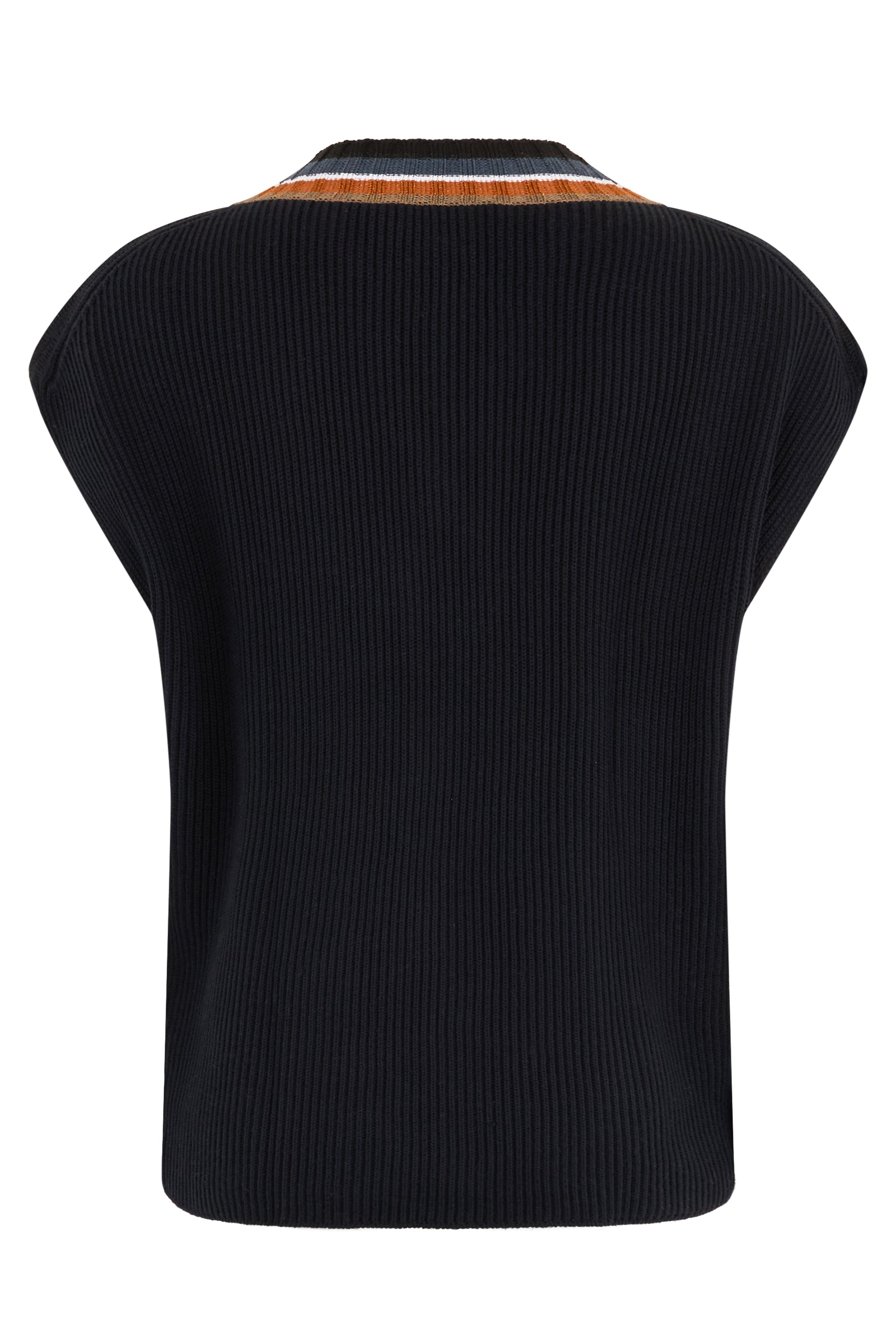 Dark blue sleeveless sweater with V-neck.