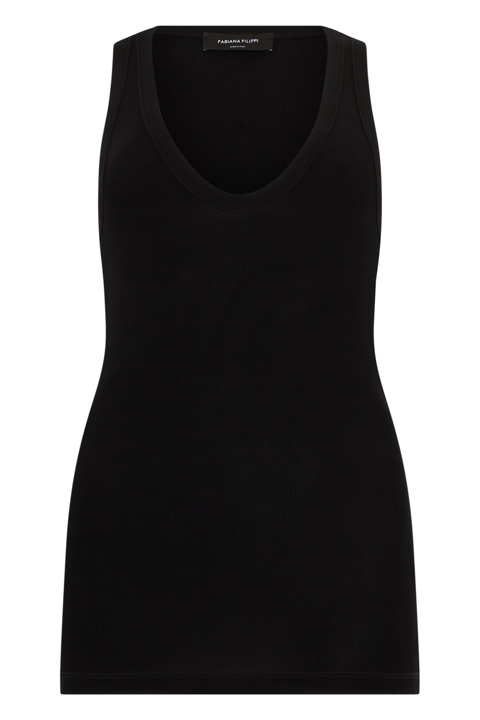 Top without sleeves black deep neckline.