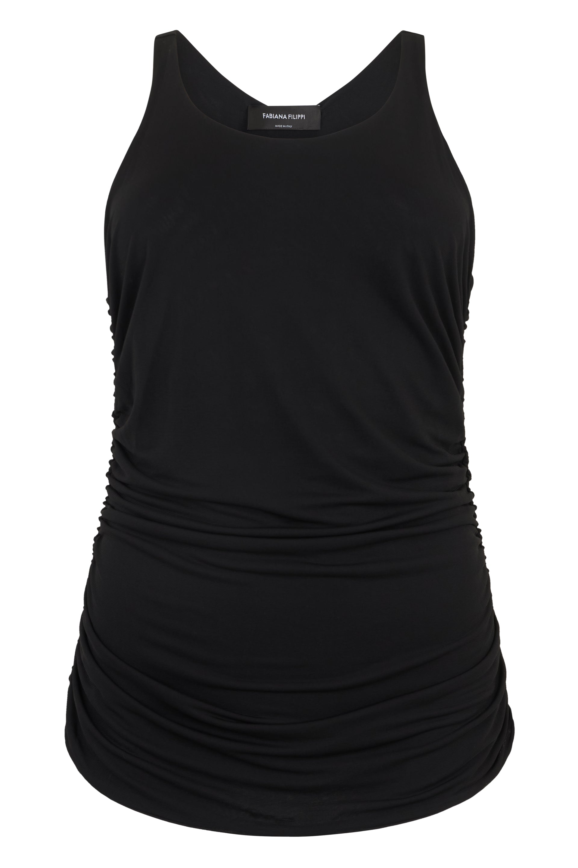 Black top without sleeves in soft fabric.