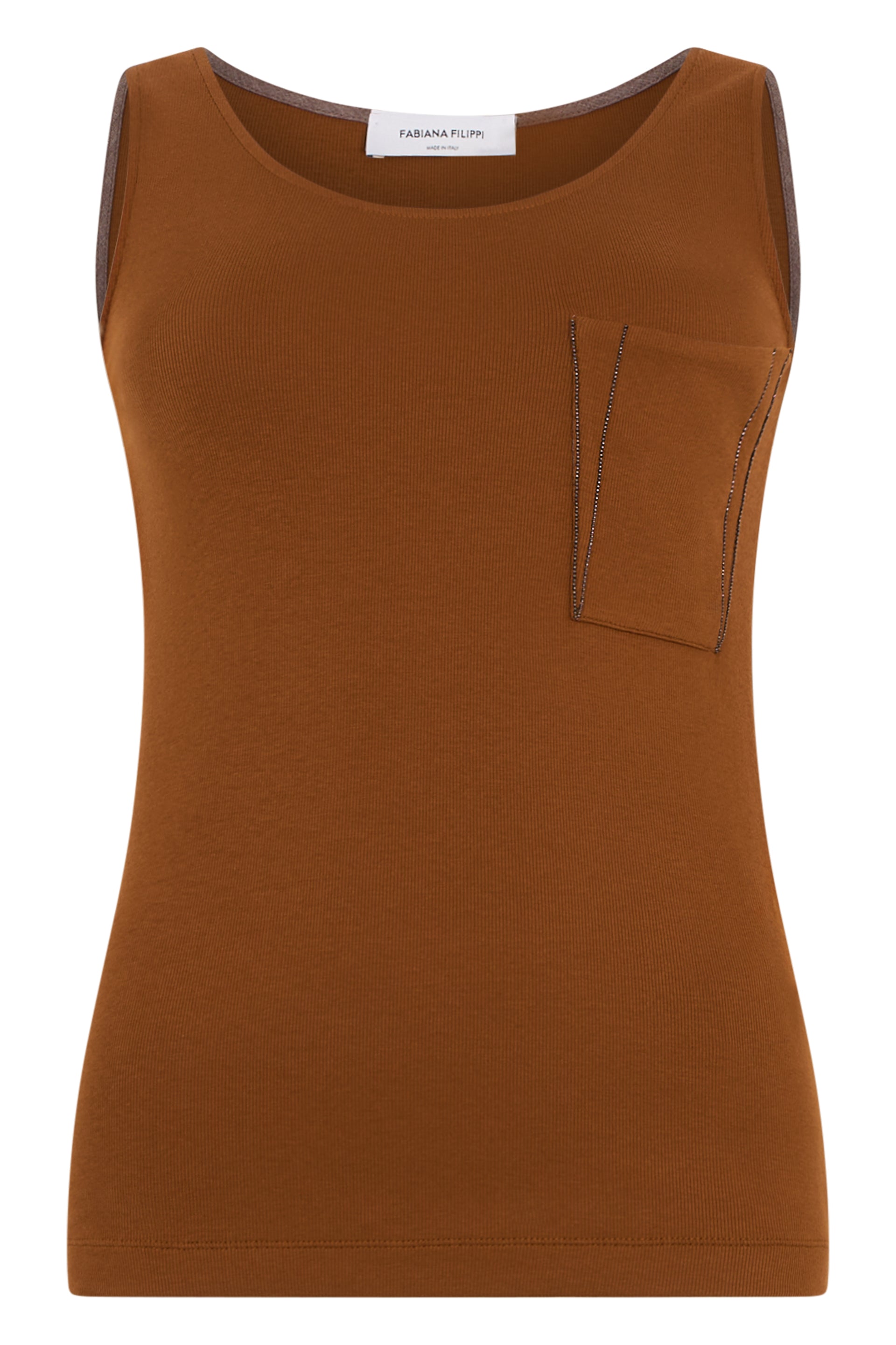 Brown sleeveless top, soft and fitted.