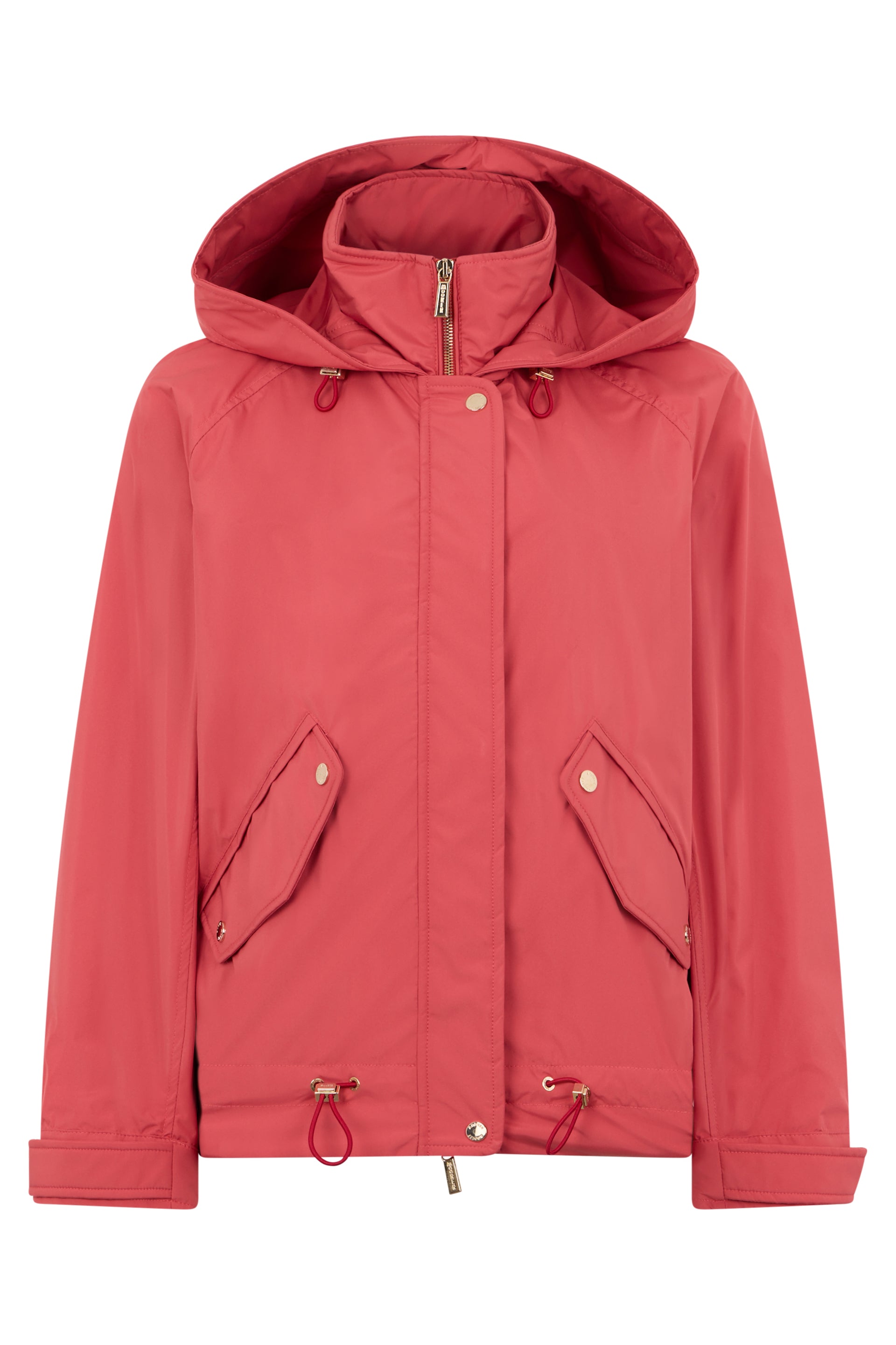 Light red jacket with hood and pockets.