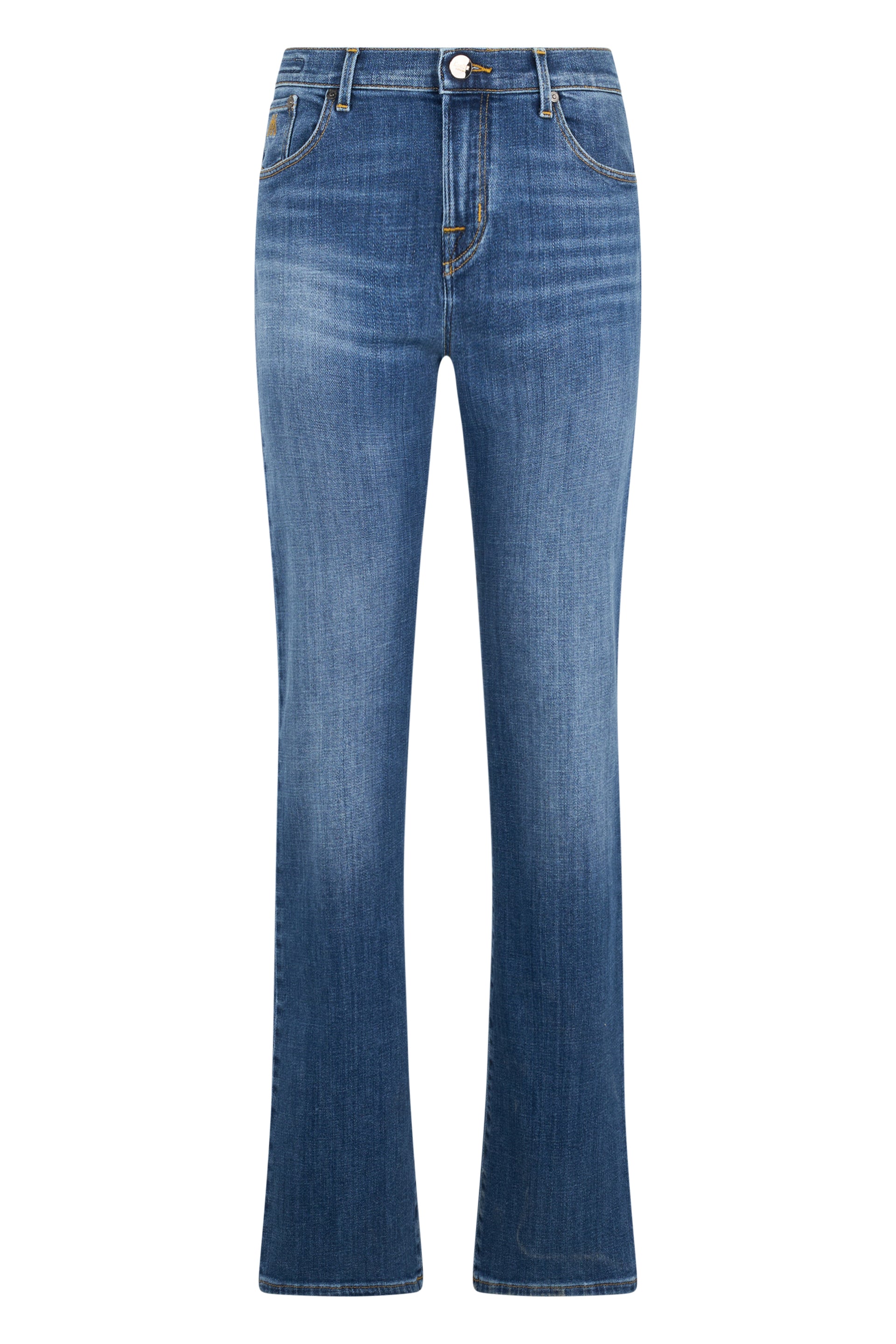 Blue denim flared pants with a high waist.