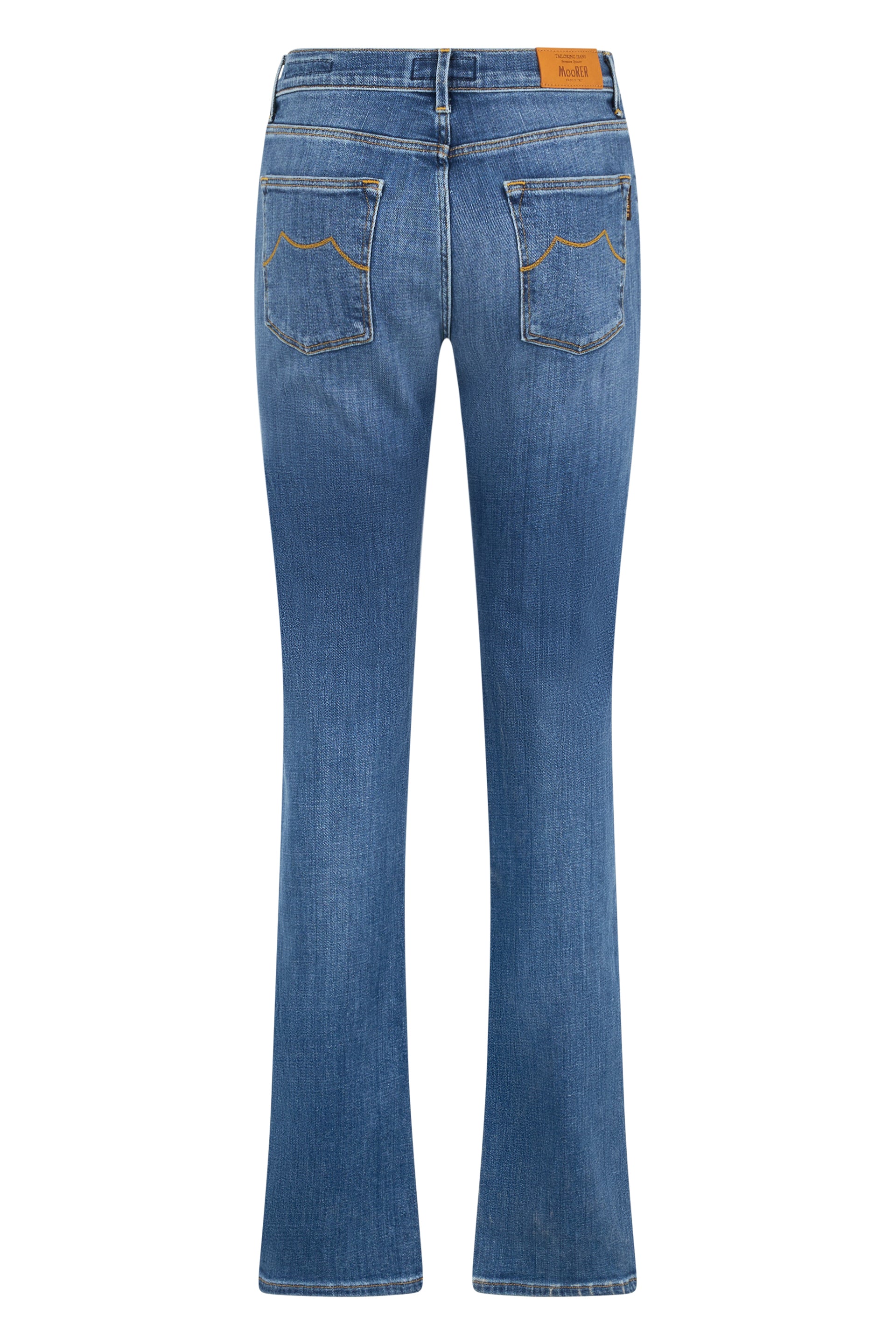 Blue denim flared pants with a high waist.