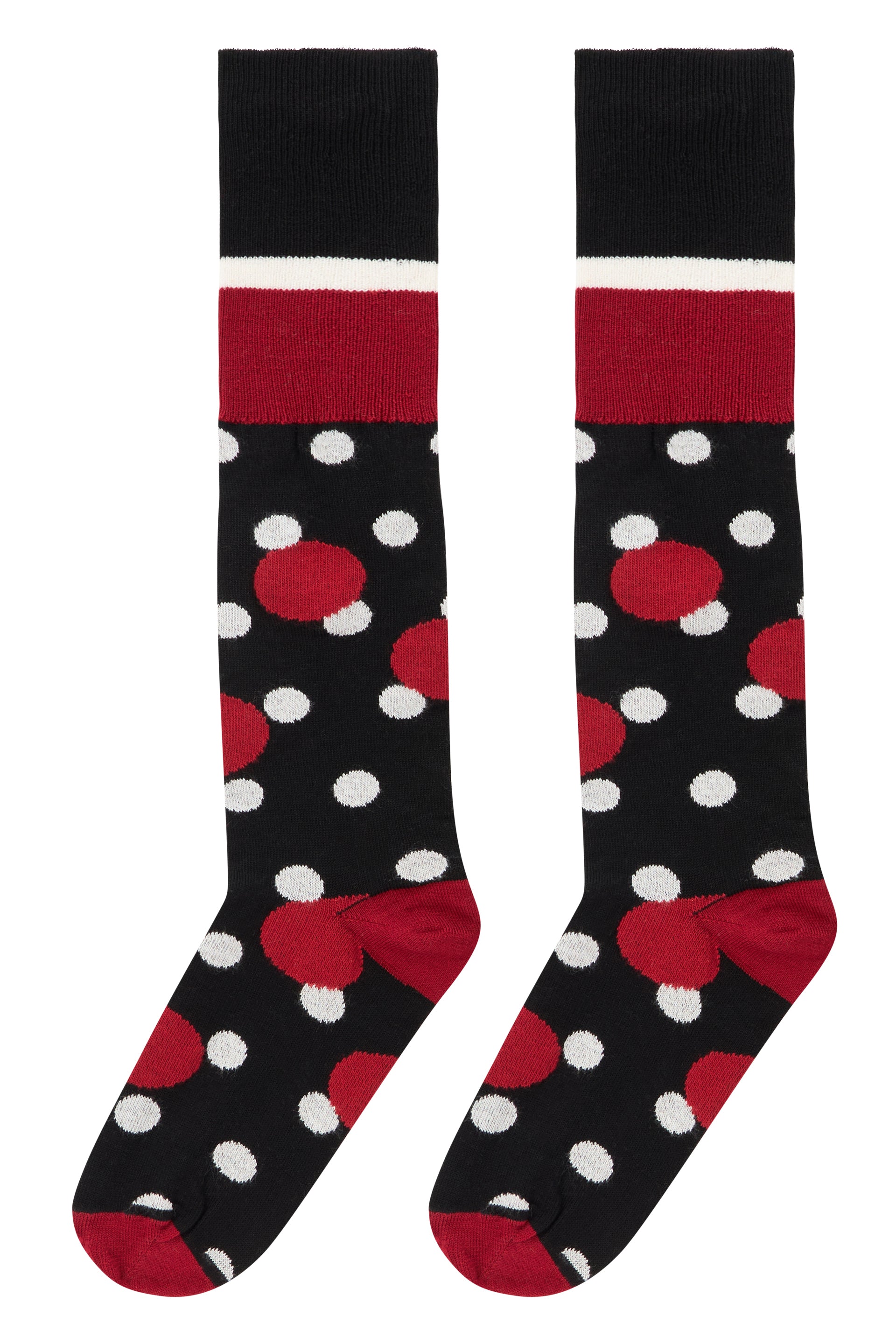 Mid-length socks in black with contrasting polka dots in shades of red and white.