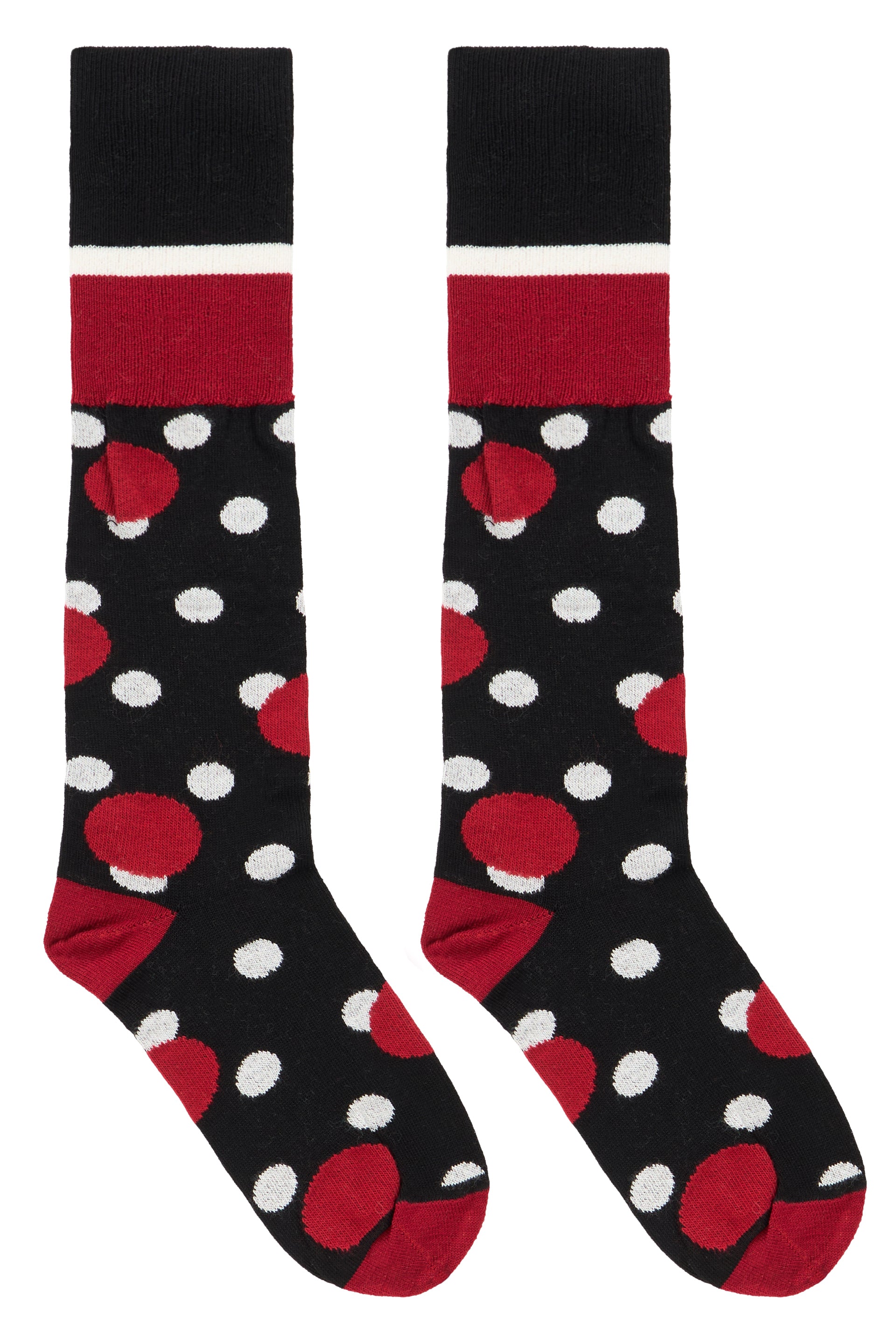 Mid-length socks in black with contrasting polka dots in shades of red and white.