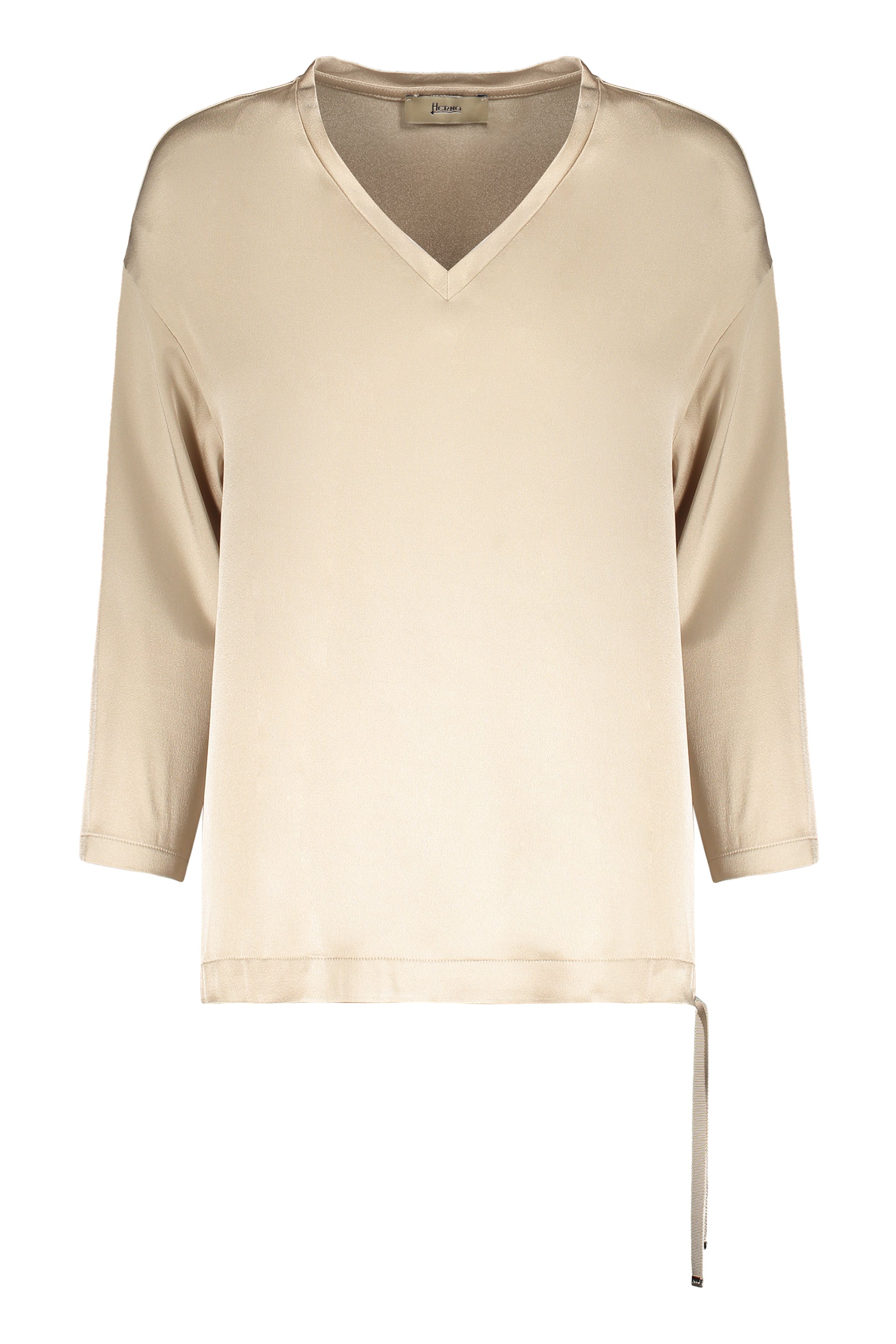 Beige blouse with long sleeves V-neck