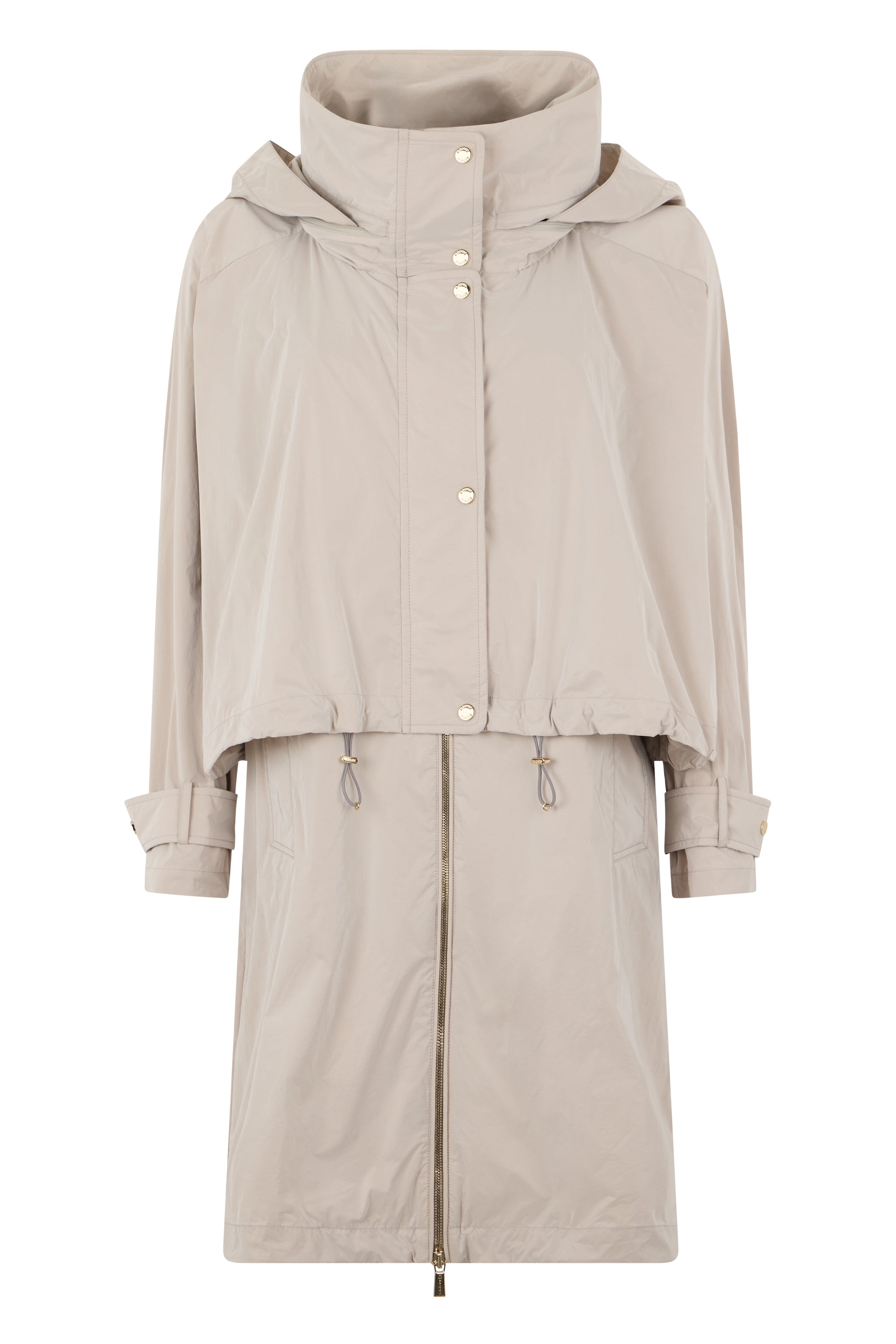 Beige long jacket with hood and modern zip closure