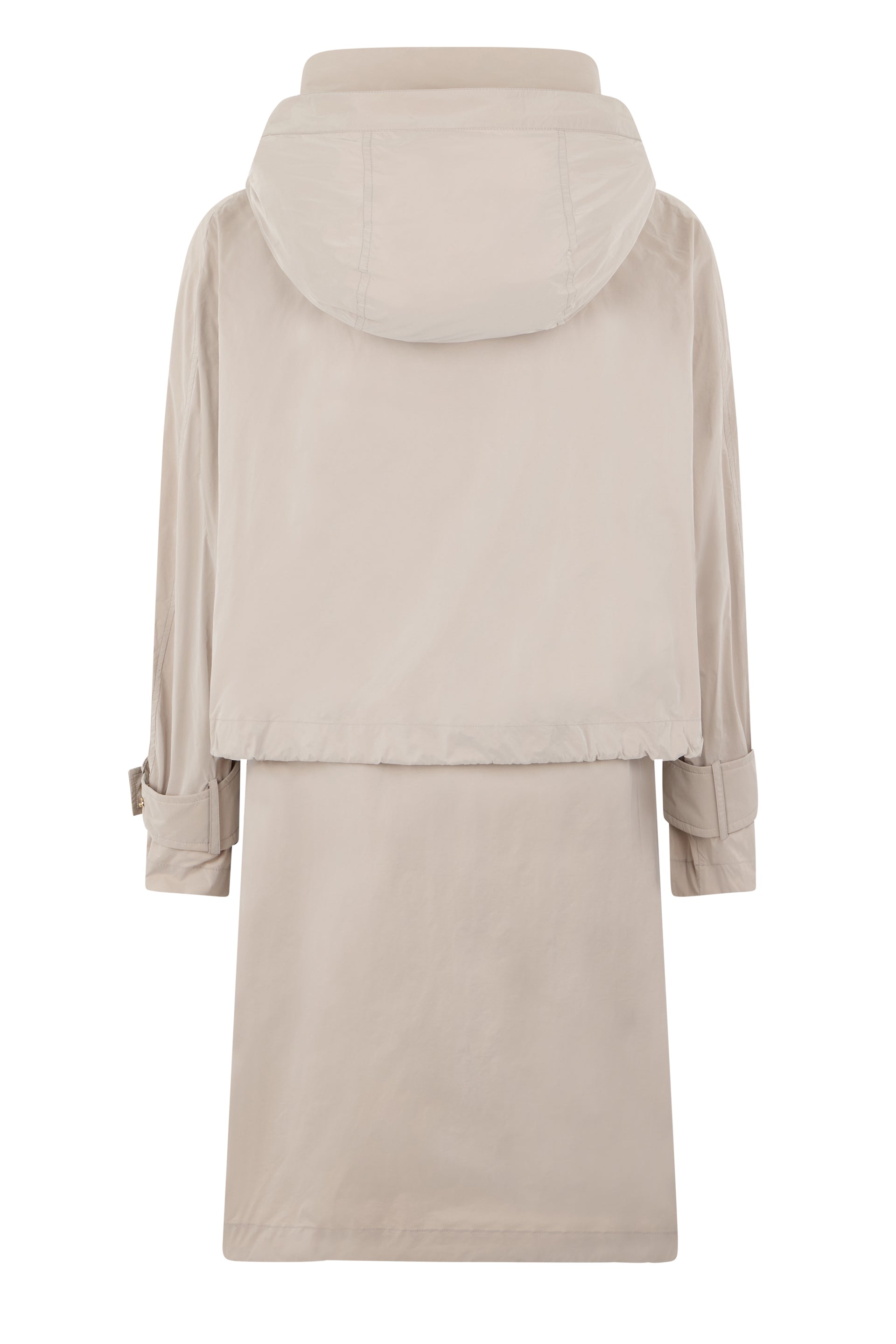 Beige long jacket with hood and modern zip closure