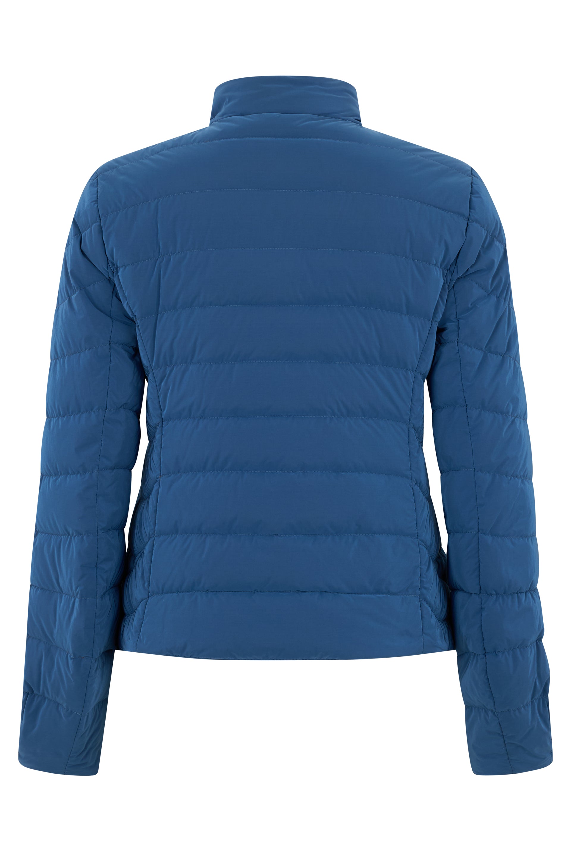 Blue down jacket with a minimal and elegant design.