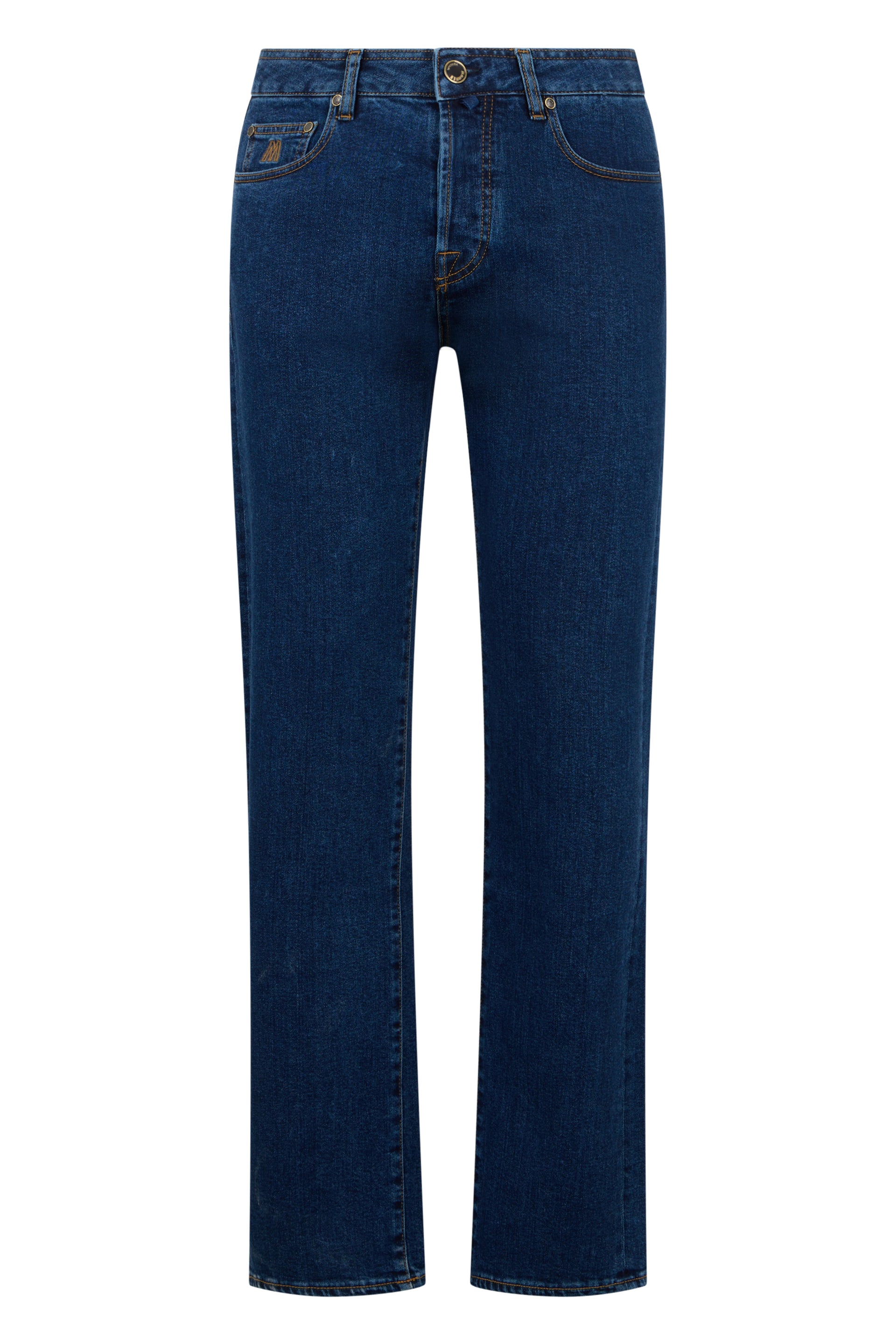 Dark blue jeans with a straight cut, casual and versatile.