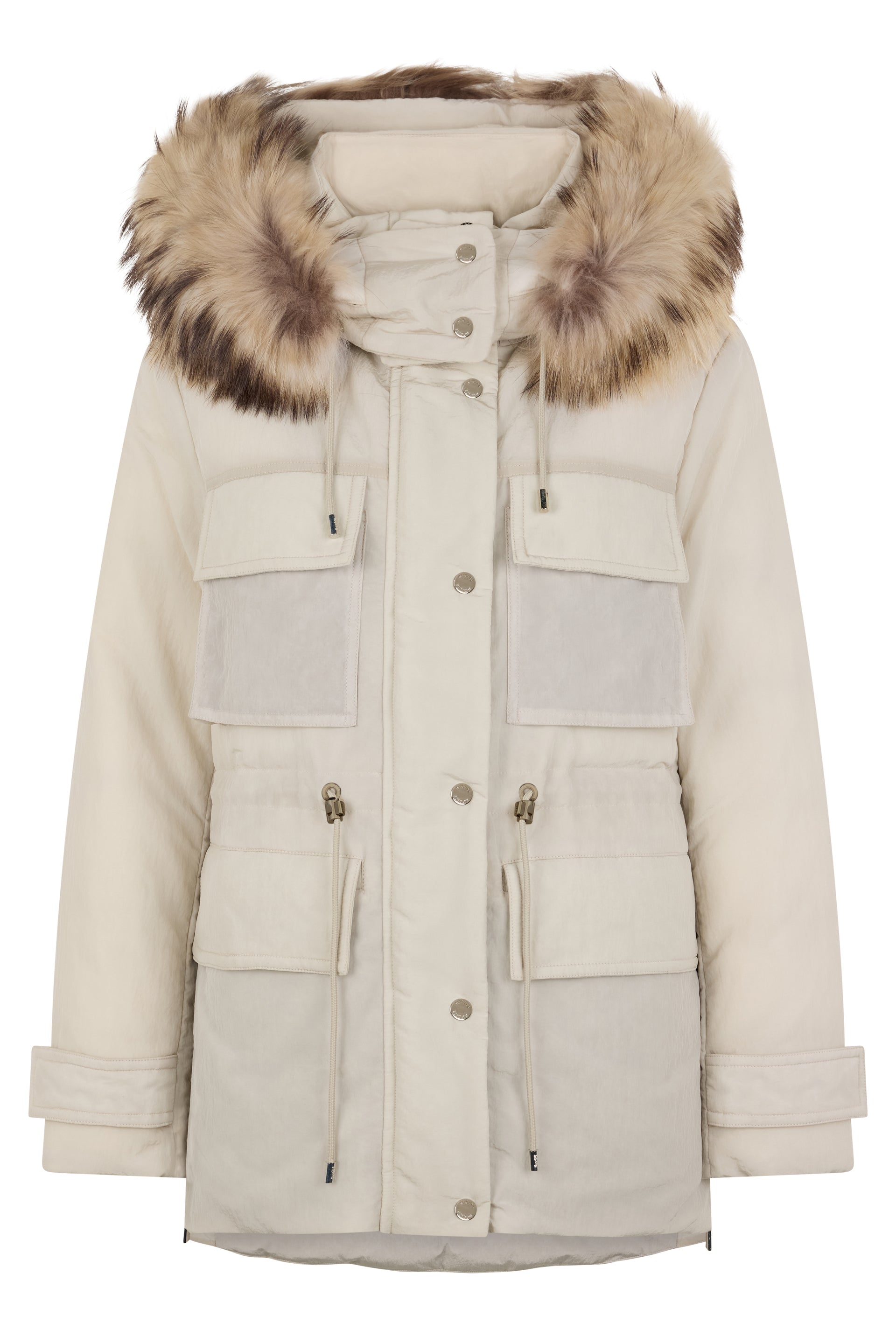 Elegant padded jacket with a fur hood.