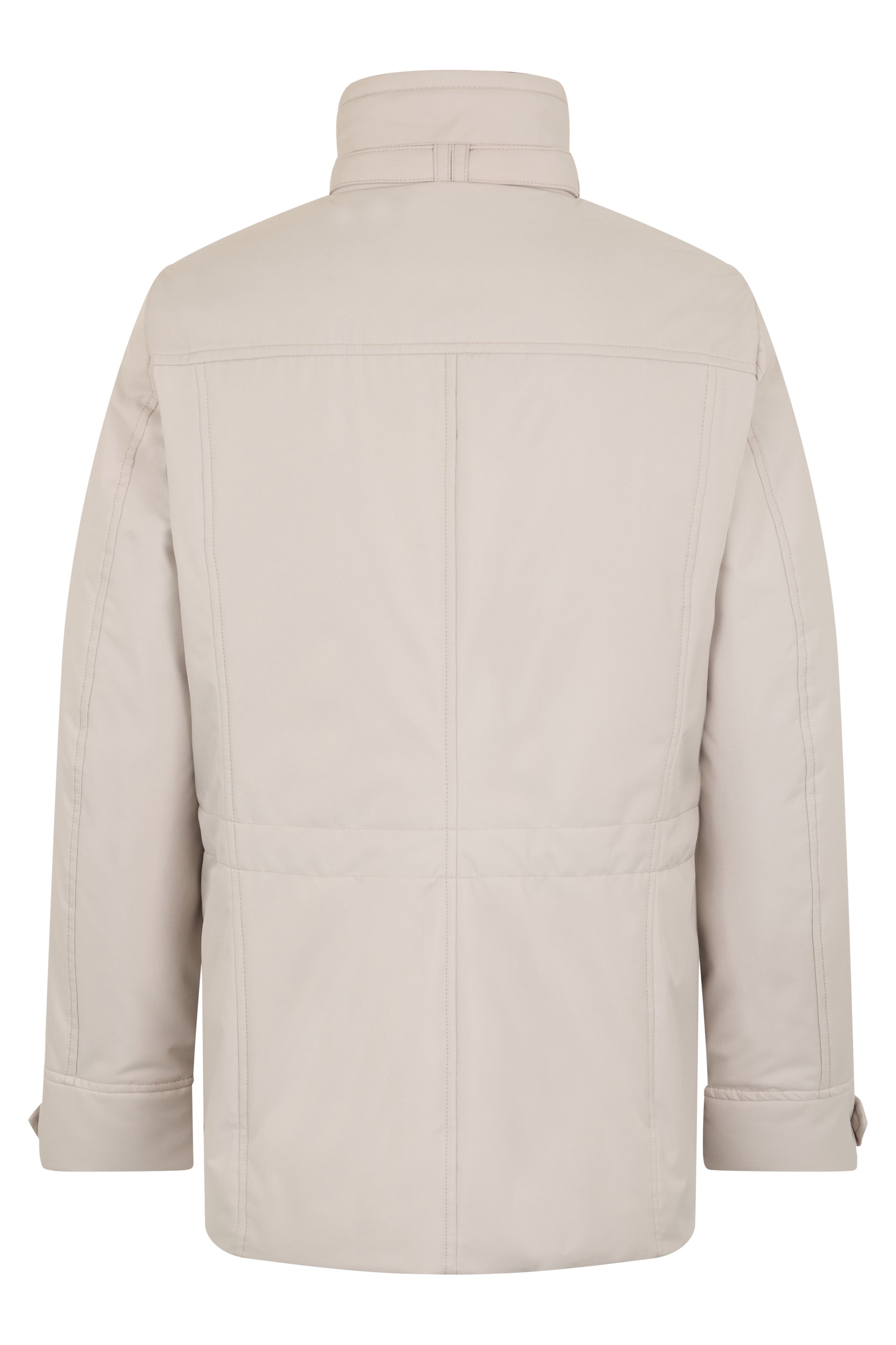 Sand-colored winter coat with double-breasted elegant.