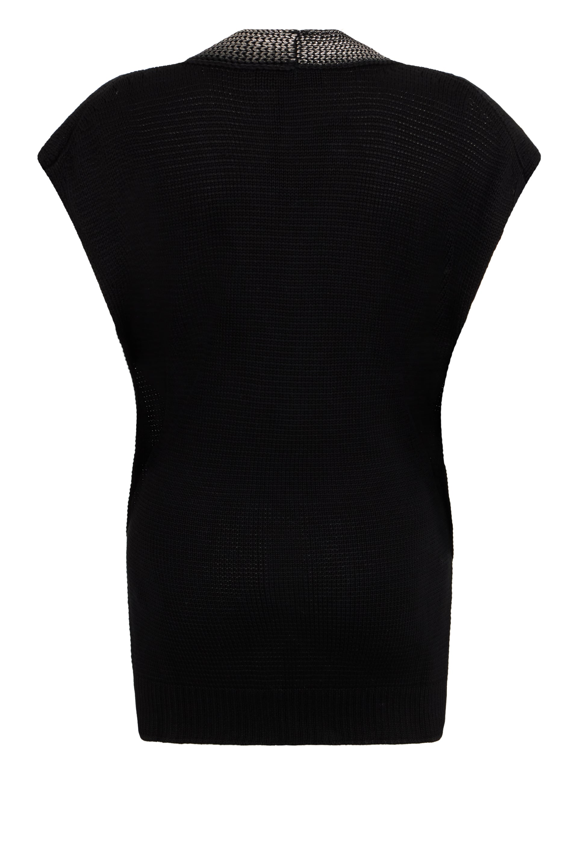 Black sweater without sleeves elegant with belt.