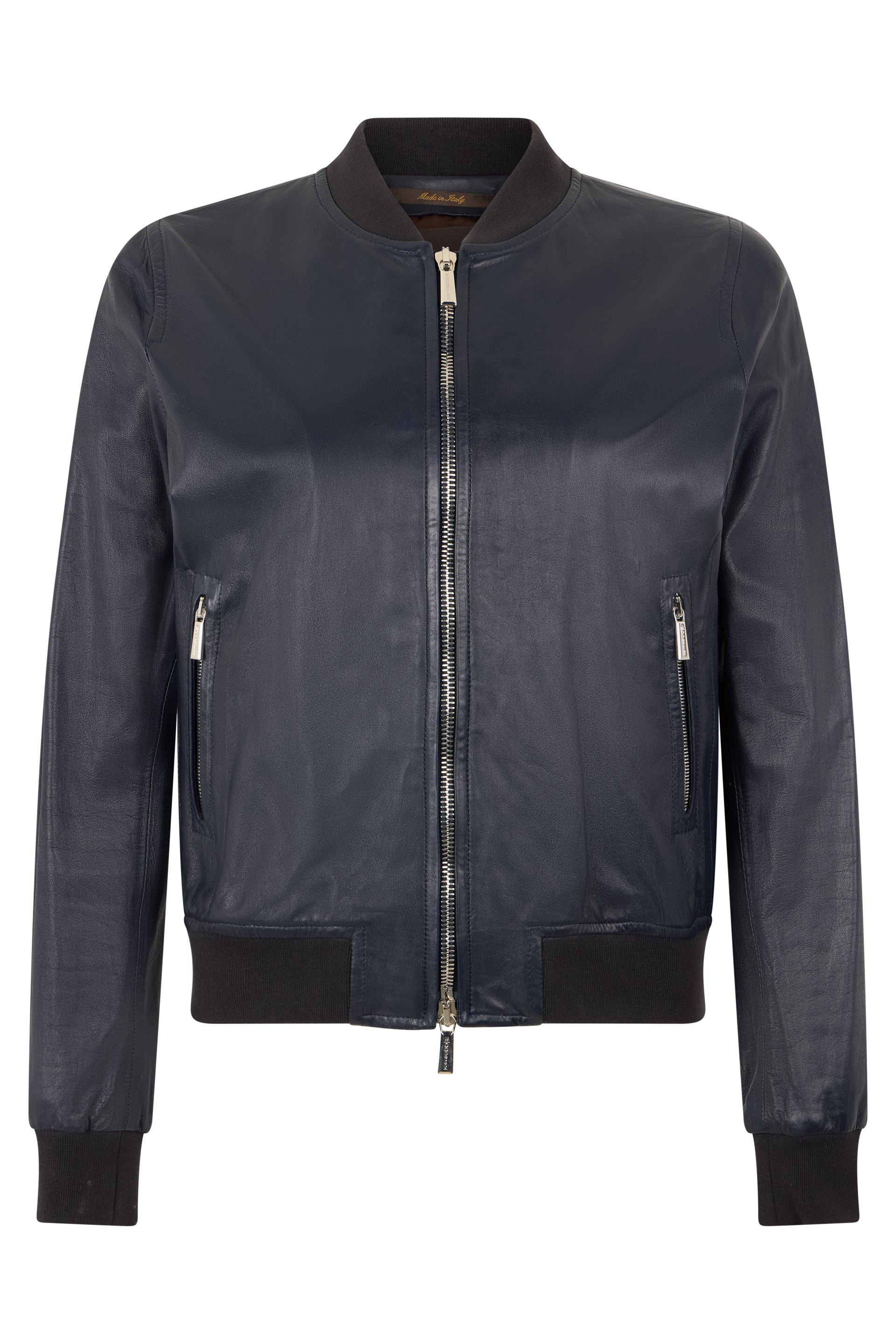 Blue leather jacket with zip and pockets