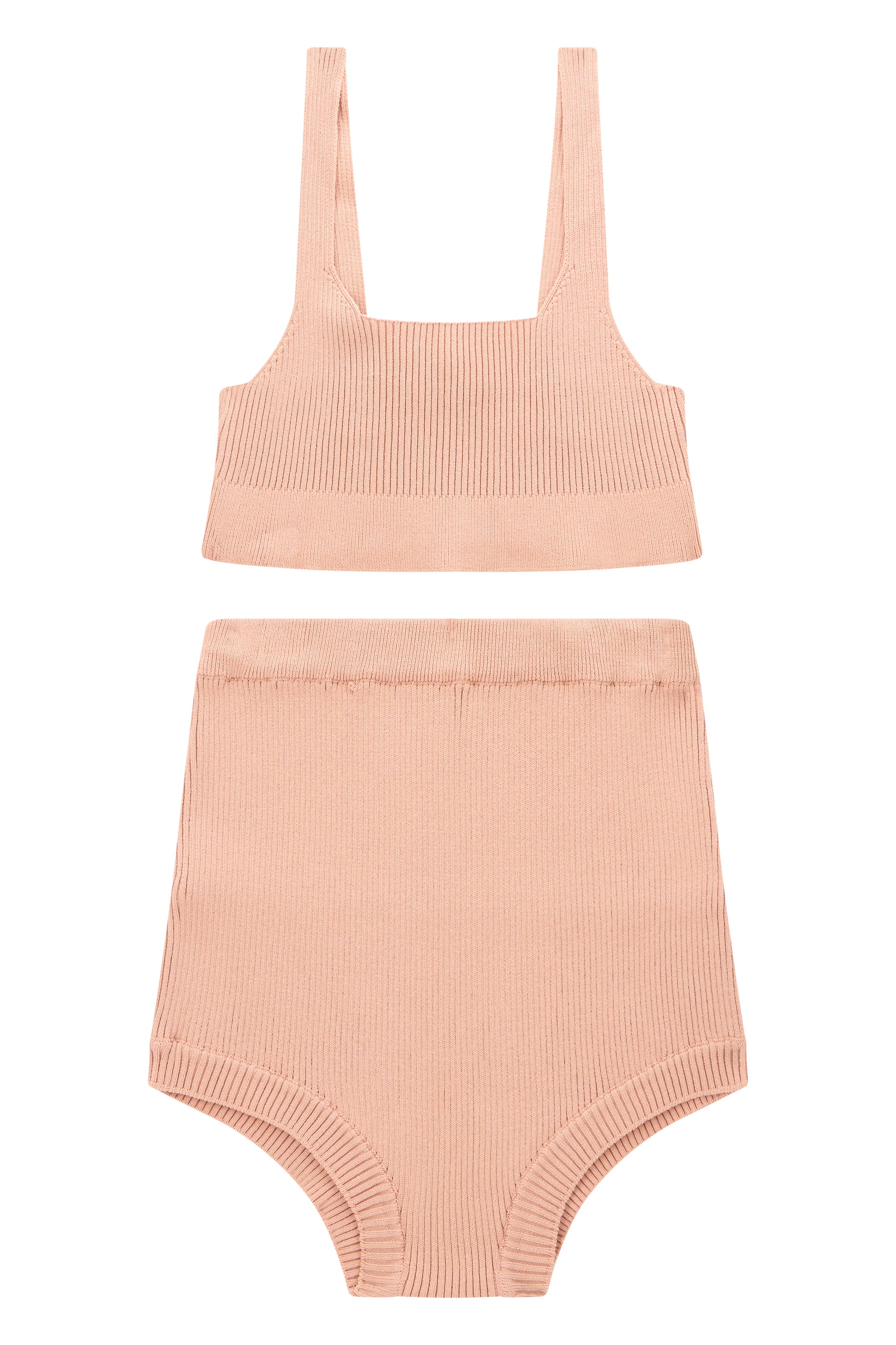 Lingerie set in salmon pink color with high-waisted panties.
