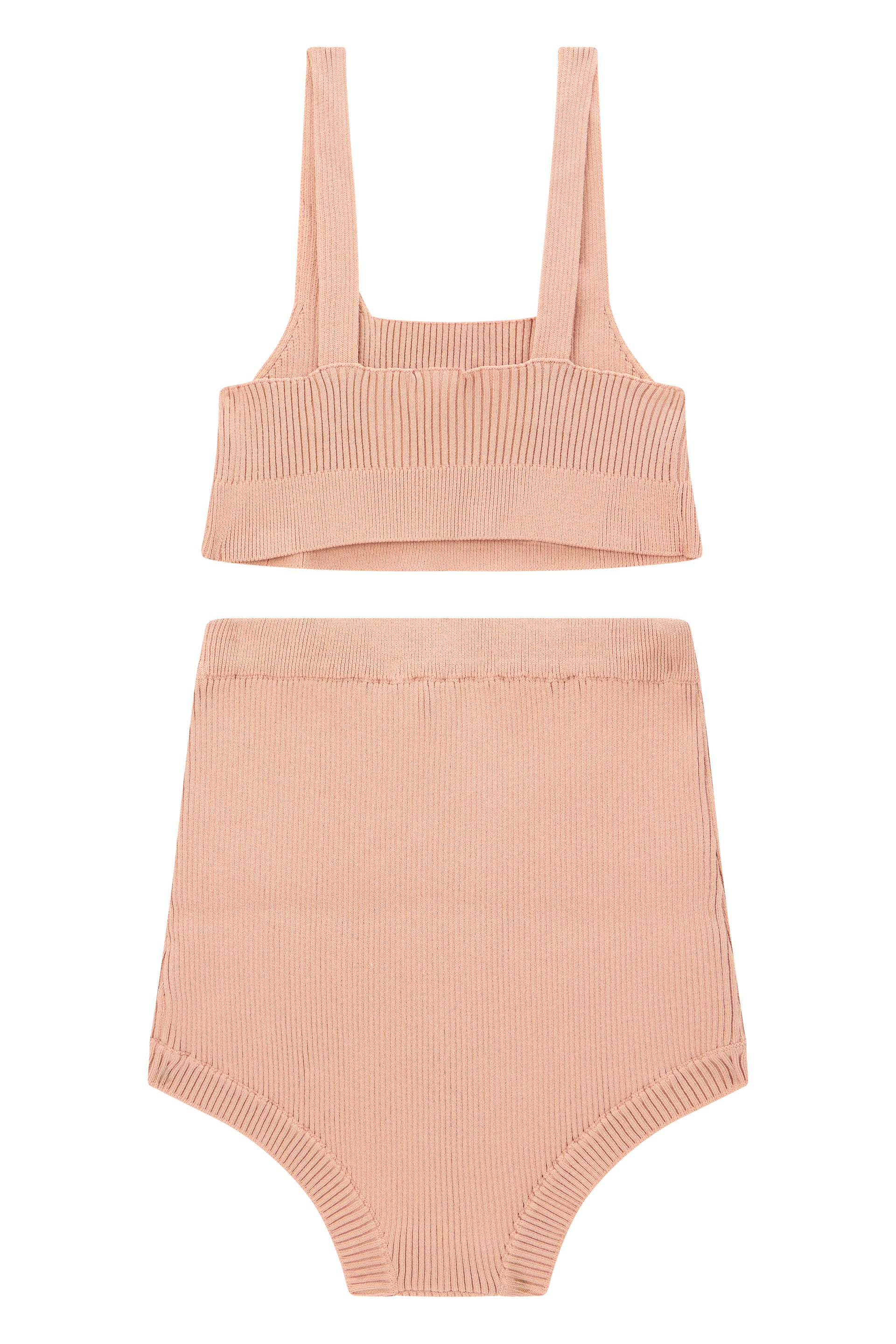 Lingerie set in salmon pink color with high-waisted panties.