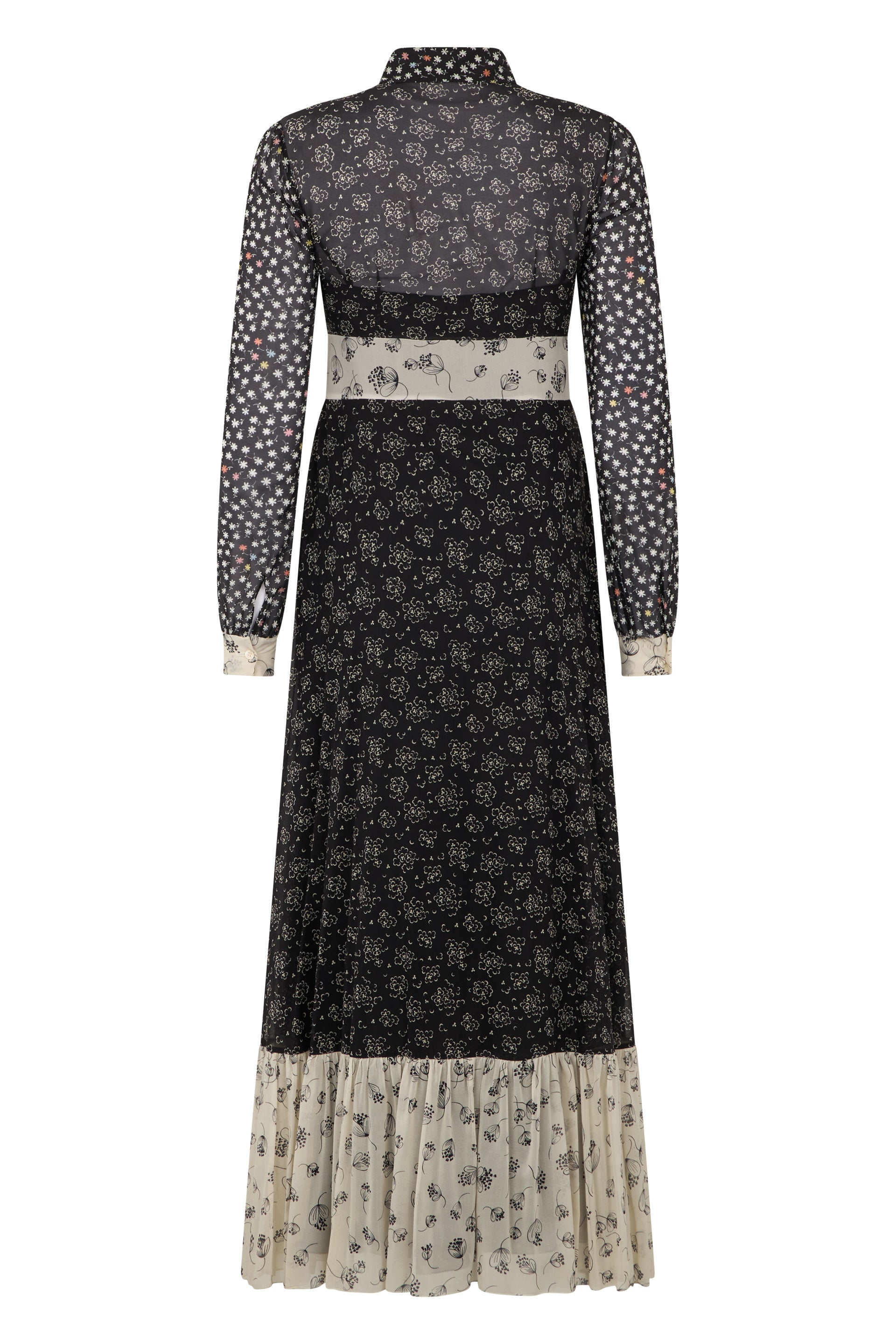 Elegant long dress with colorful floral print, bold and sophisticated design.