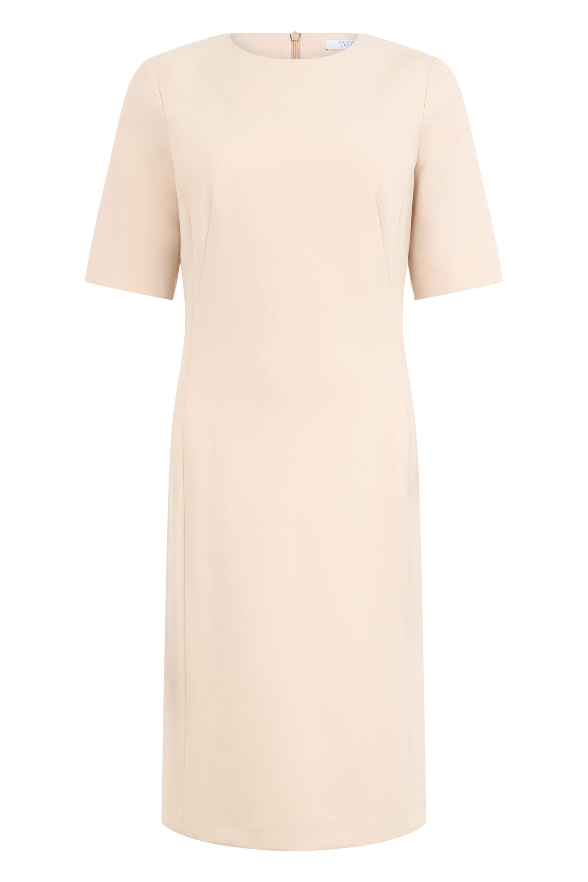 Minimal dress in sandy color with versatile design.