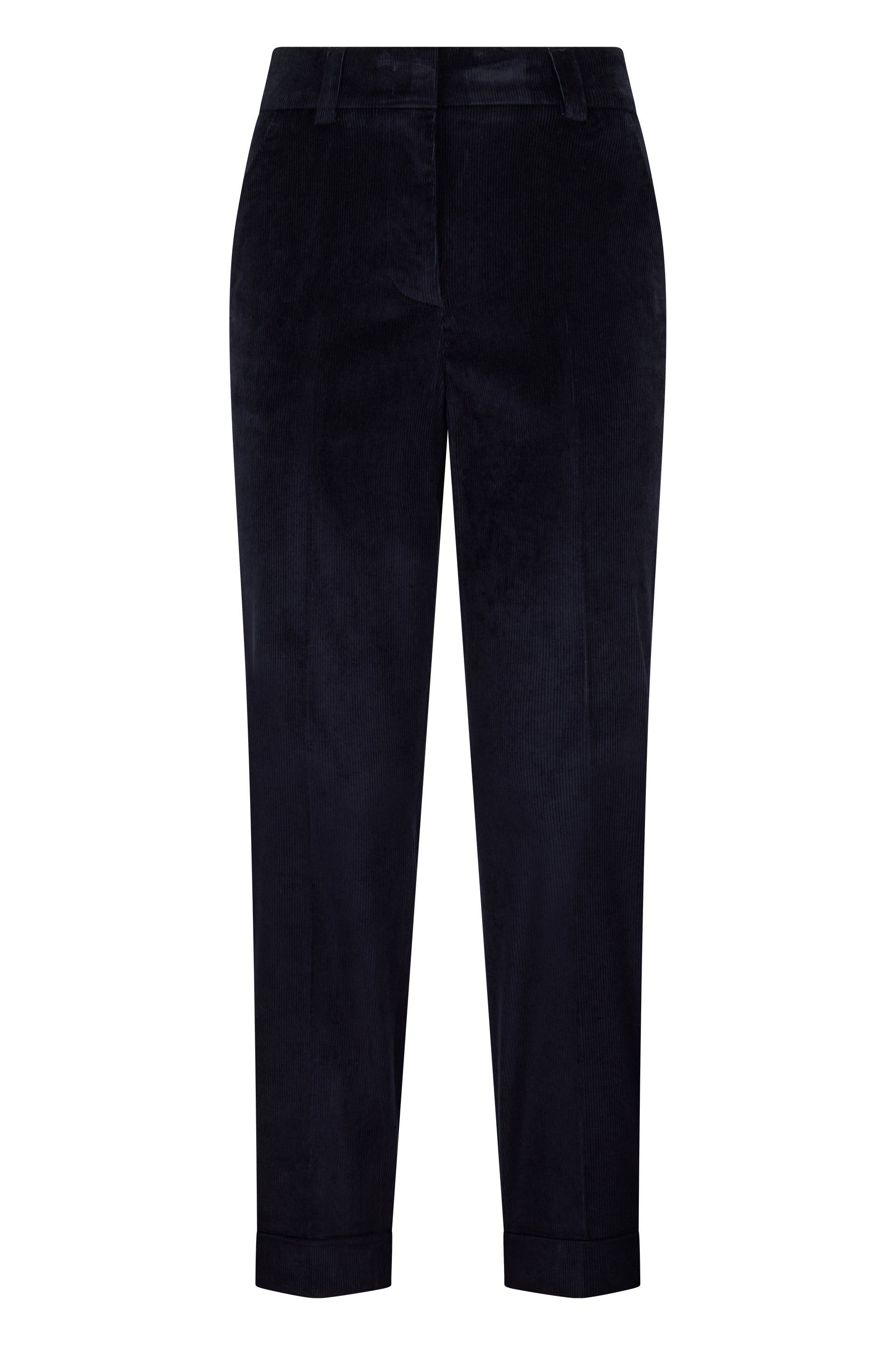 Dark blue tapered elegant high-waisted pants.
