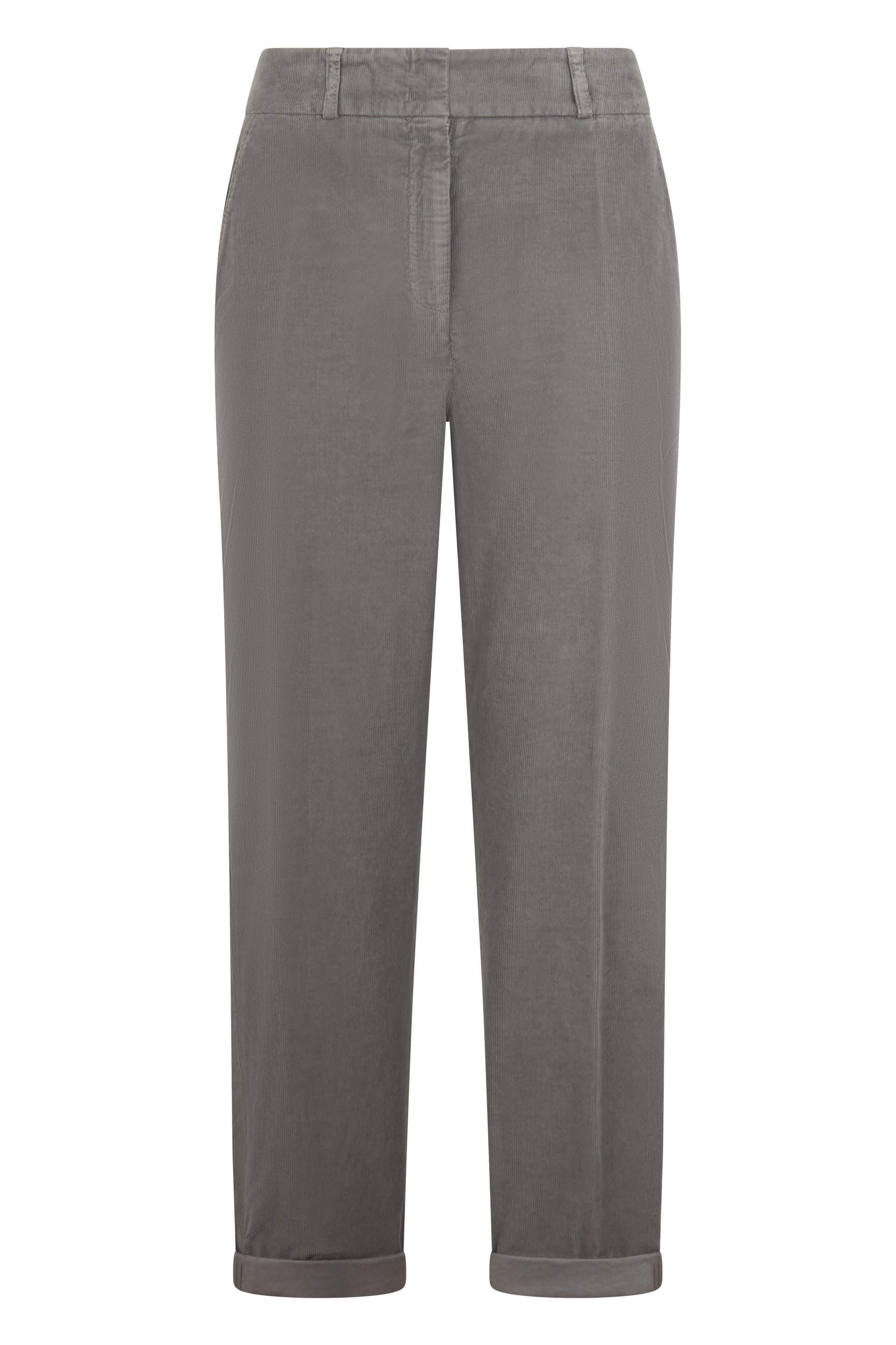 Gray cropped pants in velvet with a ribbed design that is minimalist and versatile.