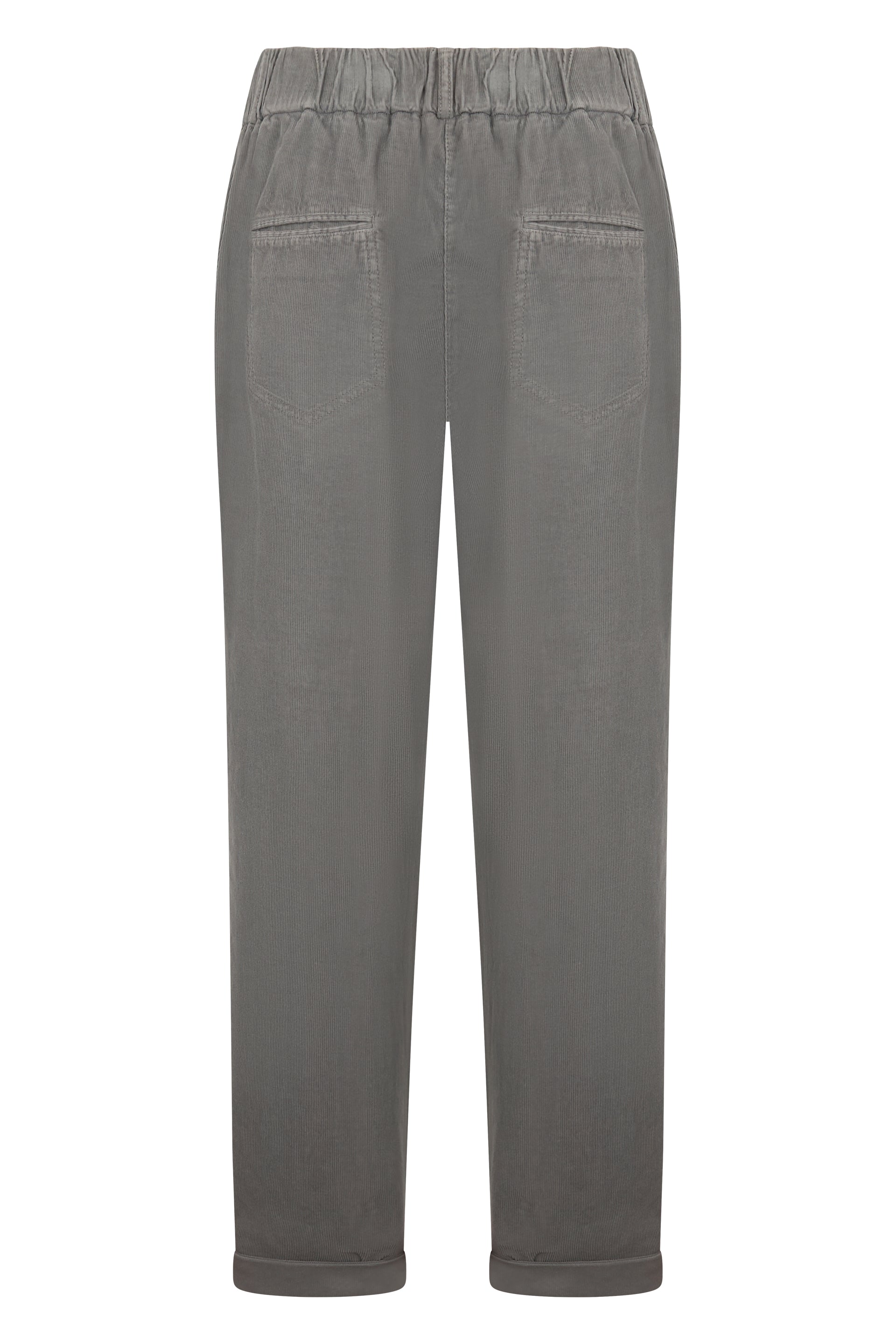 Gray cropped pants in velvet with a ribbed design that is minimalist and versatile.