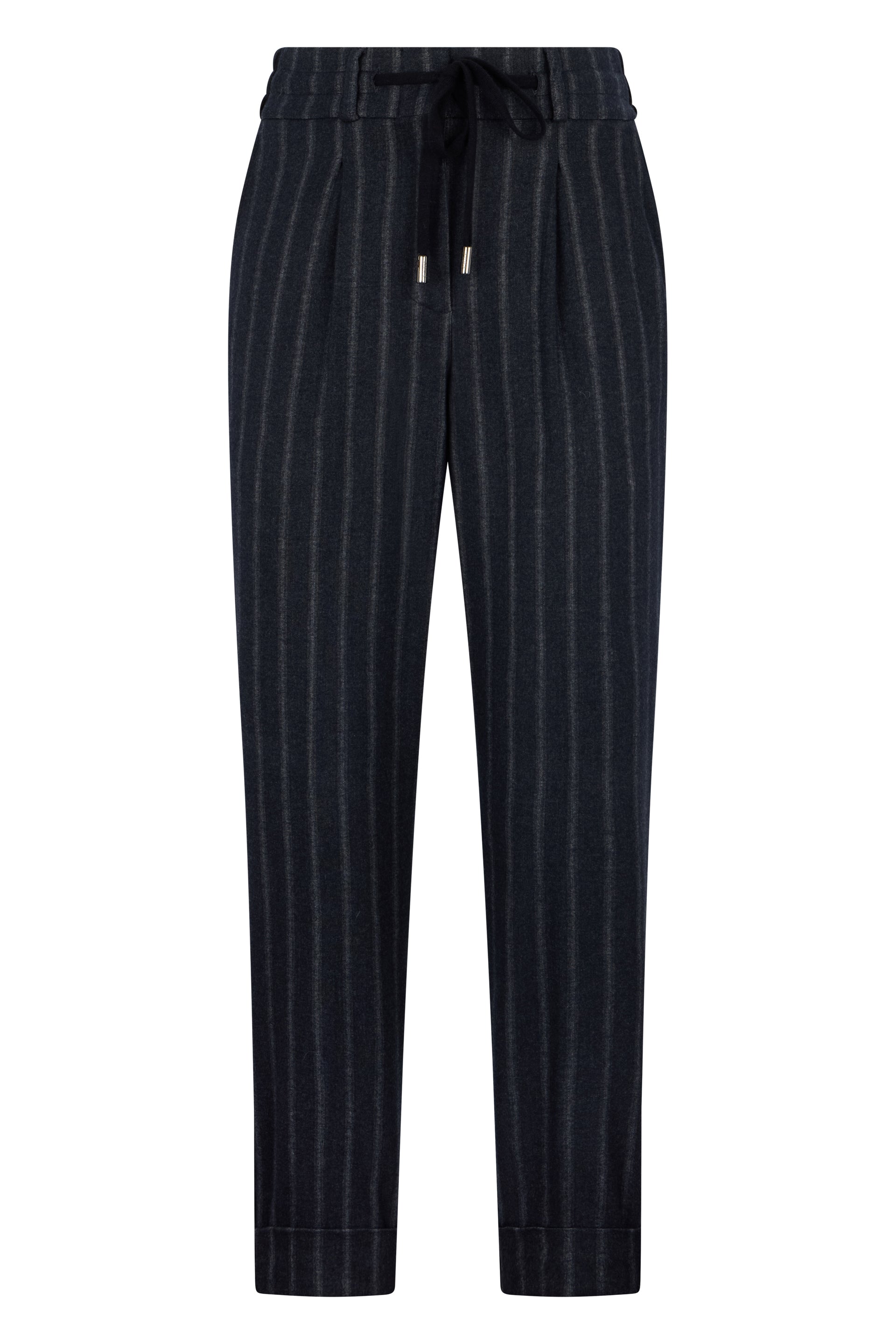 Elegant gray pinstriped pants with a slim fit, perfect for a look that offers style and comfort.